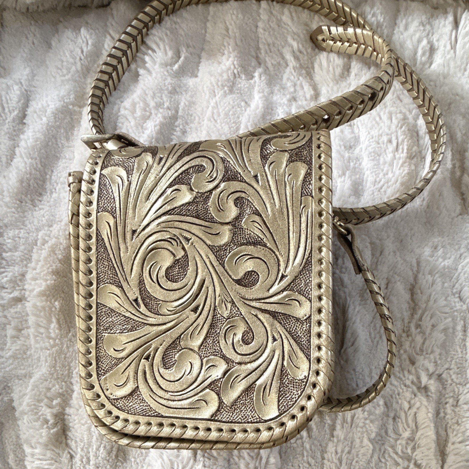 Origenes Metallic Gold Small Hand Tooled Leather Crossbody Bag/Magnetic Clasp