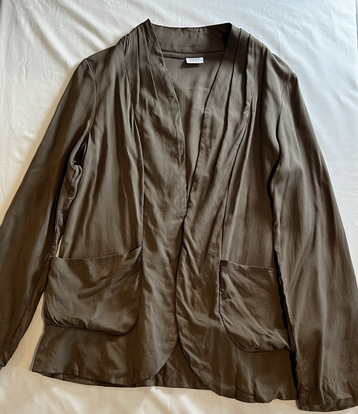 Brown/Tan Draped Long Sleeve Pockets Lightweight Kimono Top M