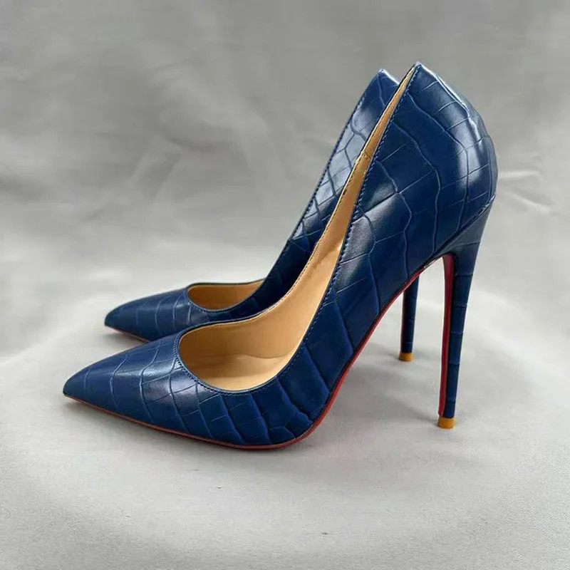 12cm High Heels Crocodile-Embossed Pointed-Toe Pumps Women Pointy Toe Elegant