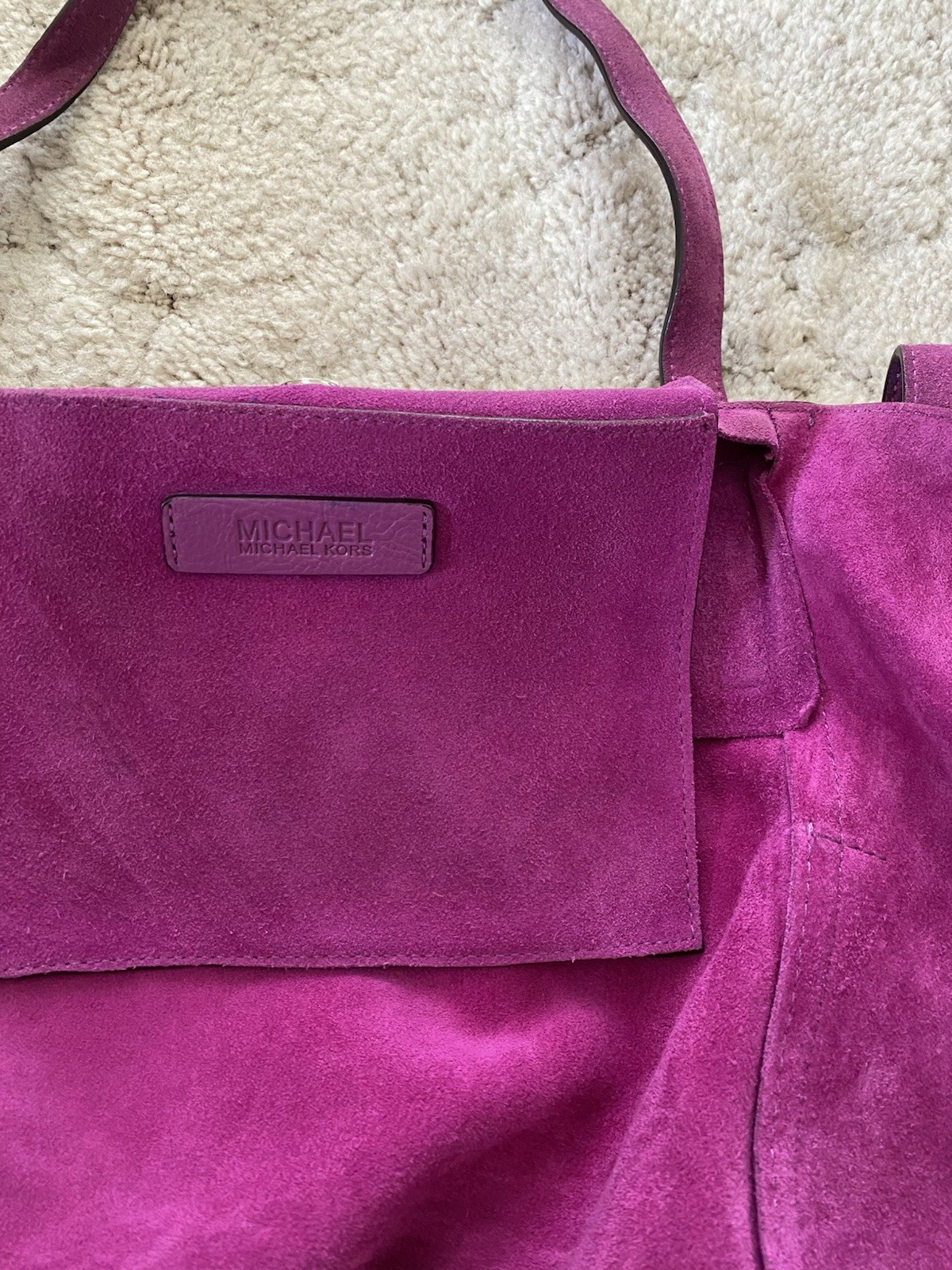 Michael Kors Fuchsia Suede Tote Bag Magnetic Closure Gold Hardware Tassel Charm