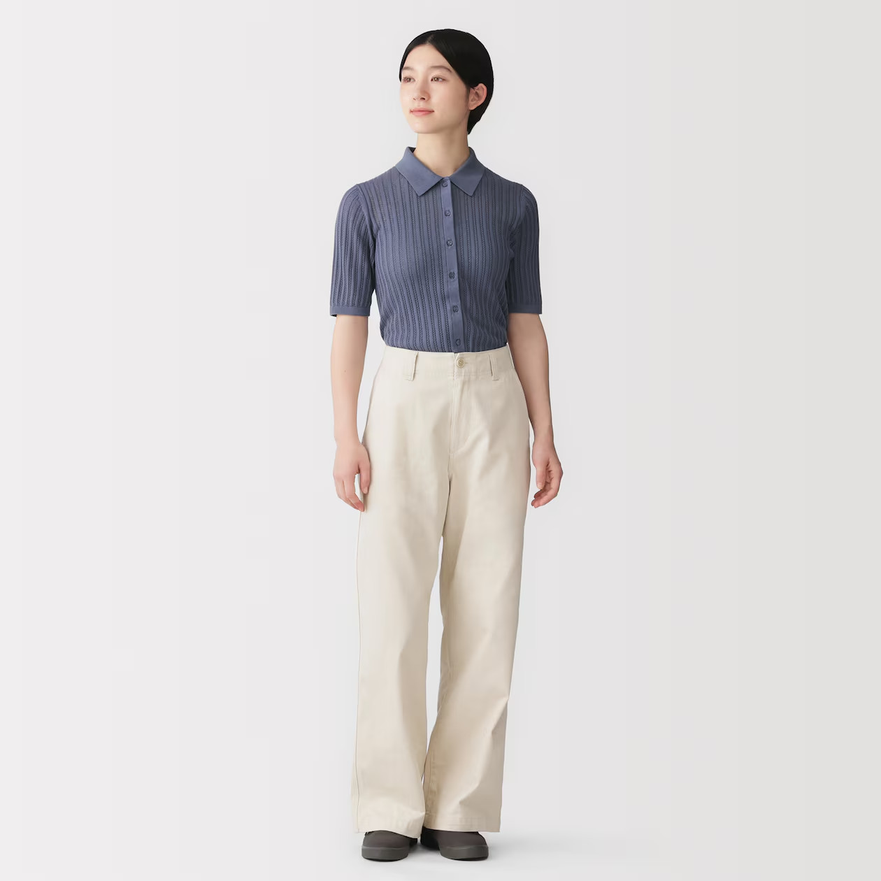 MUJI Smooth Ribbed See-through 1/2 Sleeve Polo Cardigan Smoky Blue FedEx