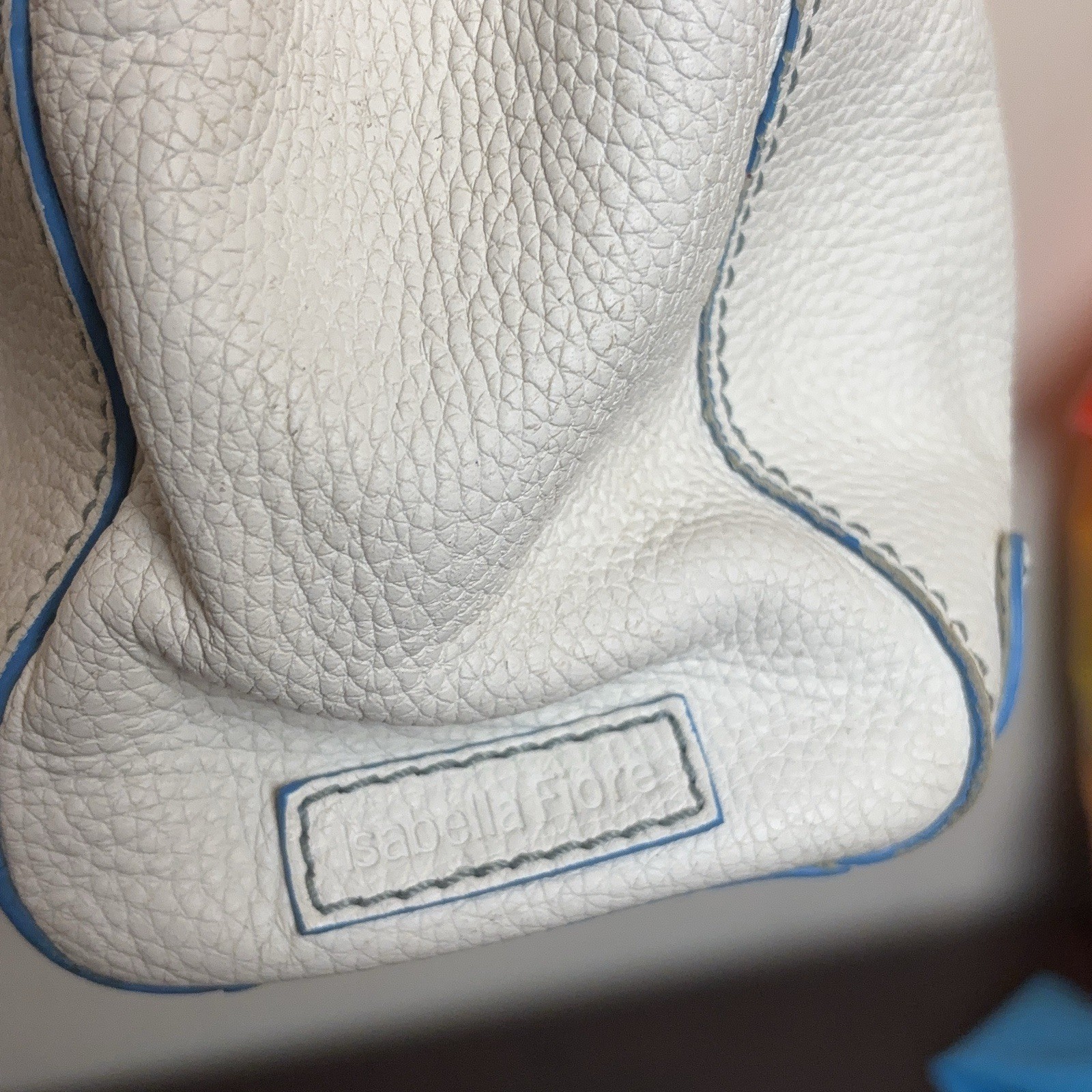 Isabella Fiore White Pebble Leather Tote Shoulder Hand bag Purse Blue Trim Studs