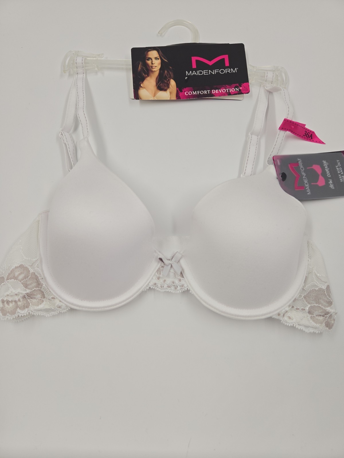 Maidenform Demi Smooth 36A T-shirt Bra In White & Lace