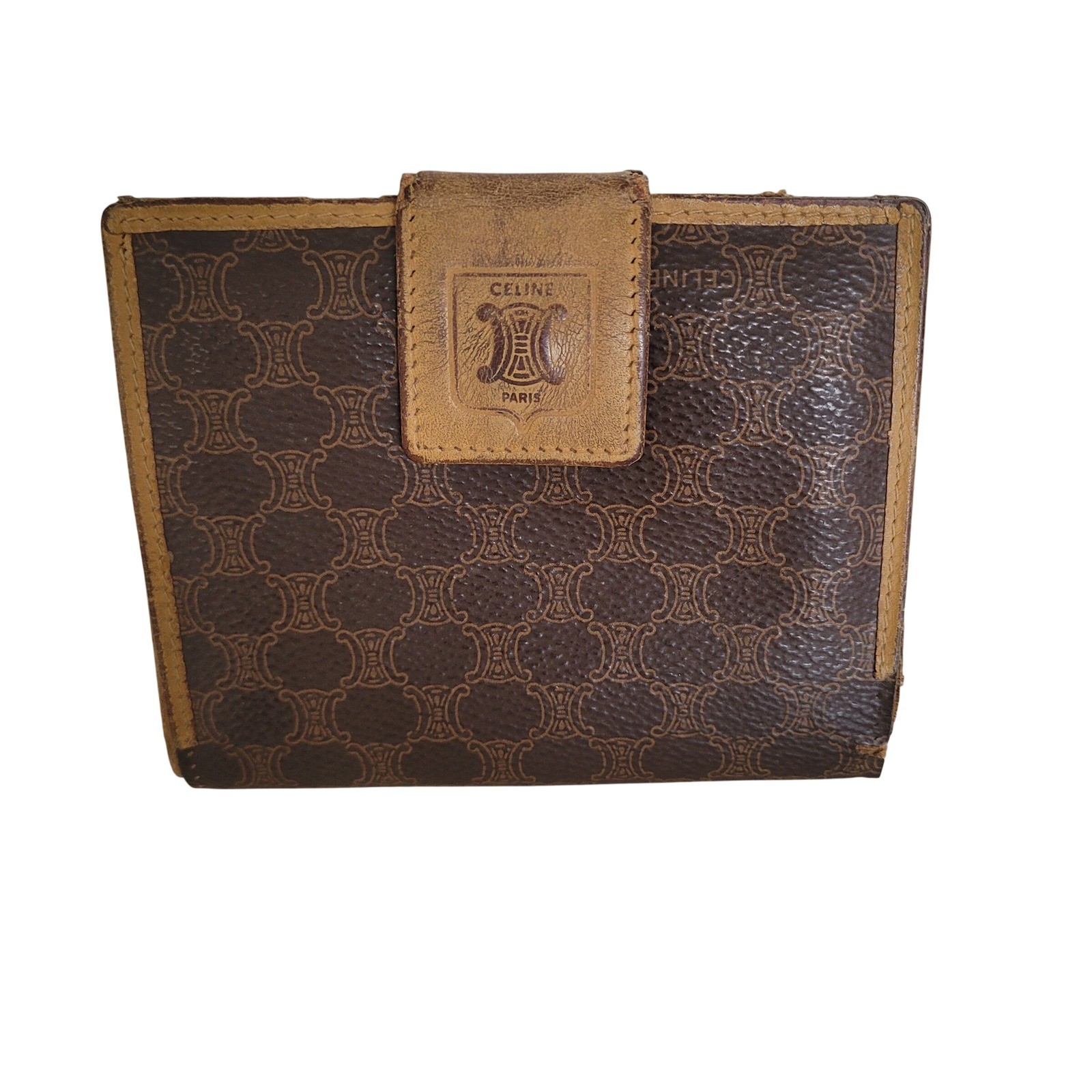 Vintage Celine Macadam Triomphe Bifold Wallet Brown Monogram Kiss Lock Italy M13