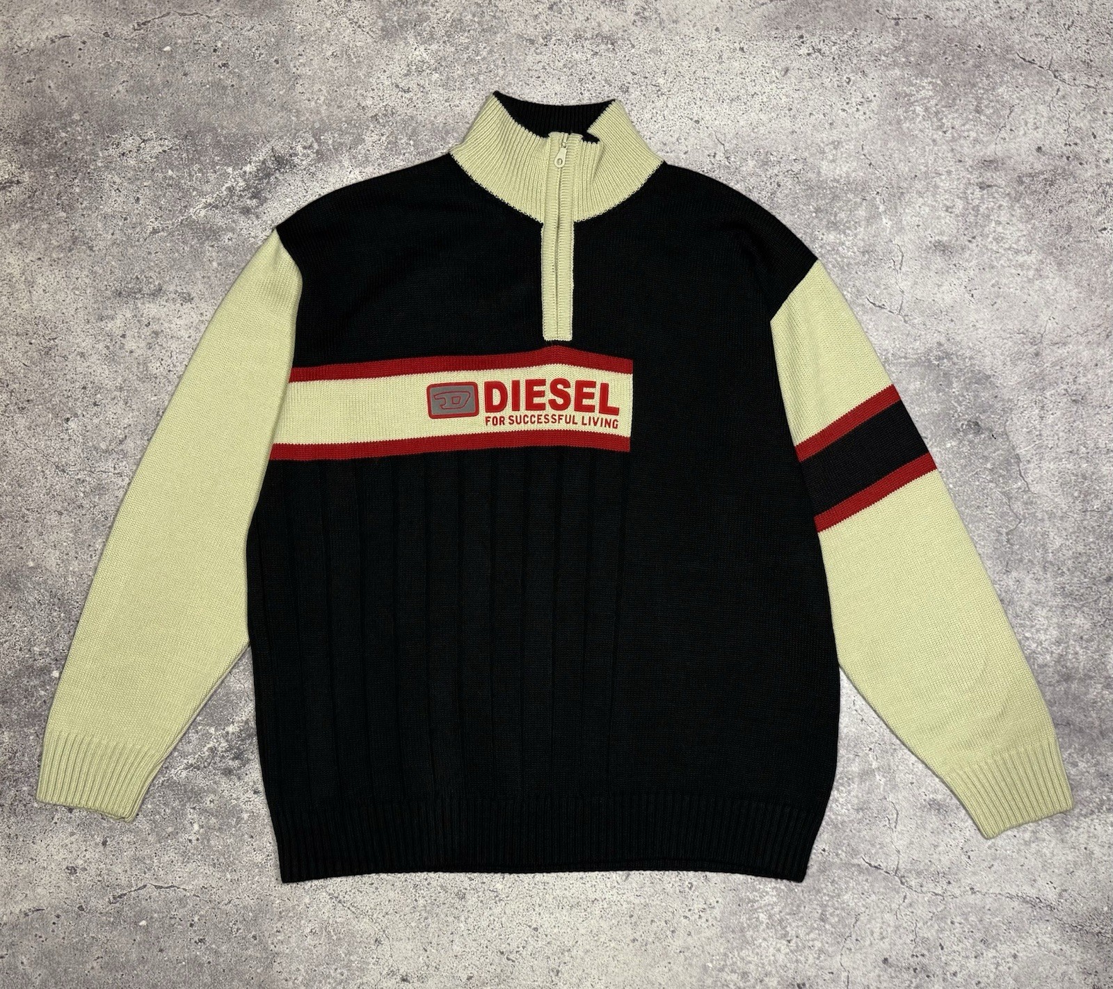 DIESEL Vintage Mens Black/Beige Cotton Knit Half-Zip Sweater 90s Y2K Size XL-XXL
