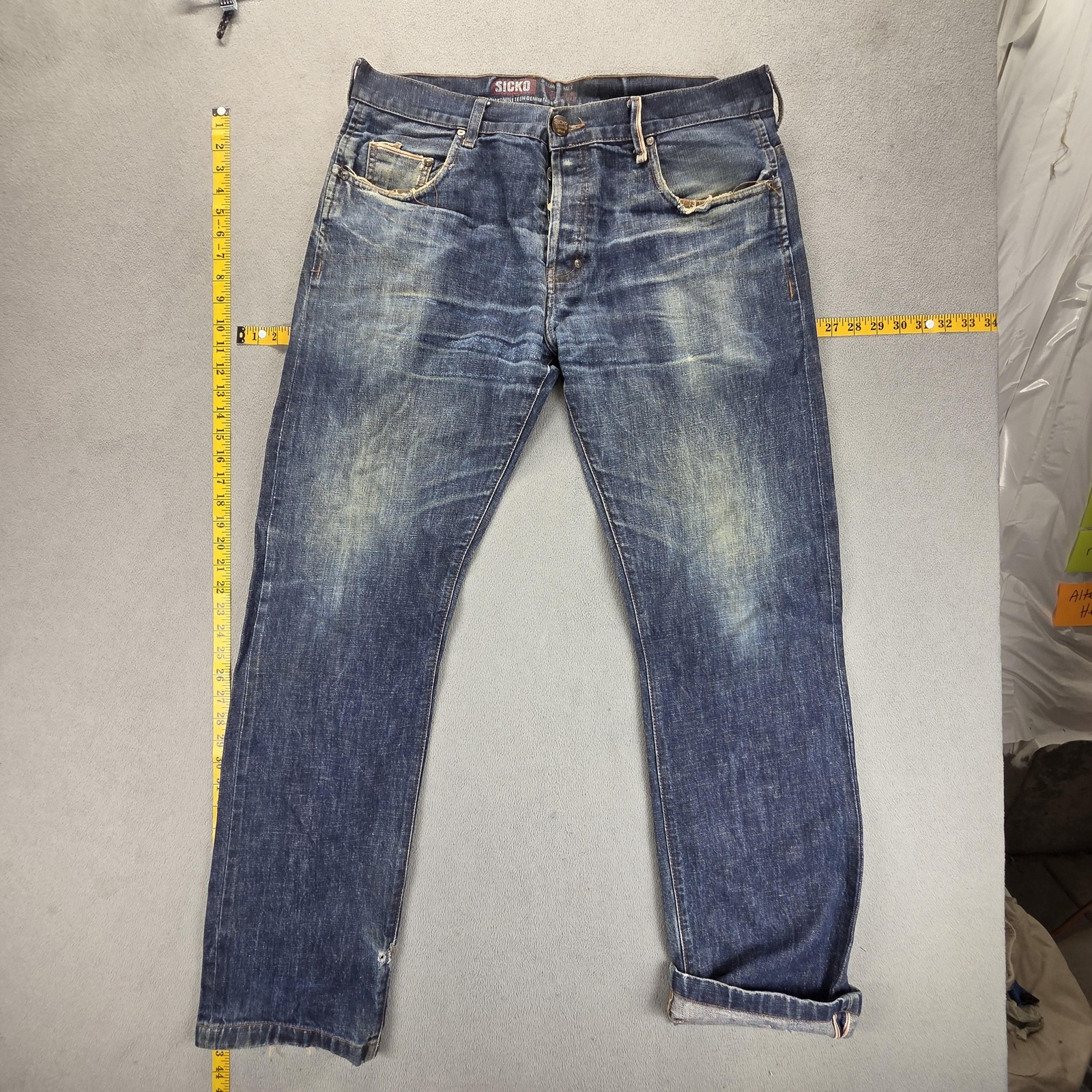 Sicko Jeans Mens Blue Selvedge Buckle Back Whiskers Fits 36×32