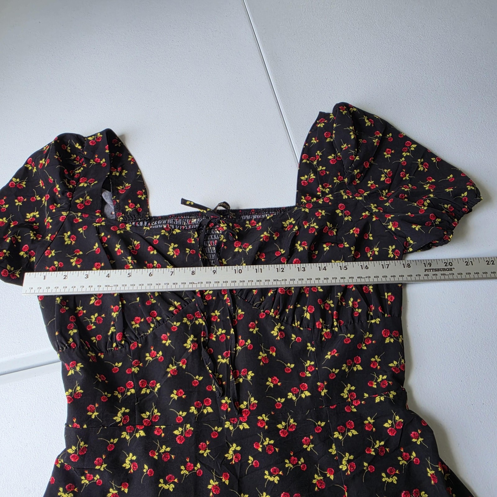 Whimsigoth Dark Romantic Dress Womens Large Black Floral Sweetheart Puff Sleeve
