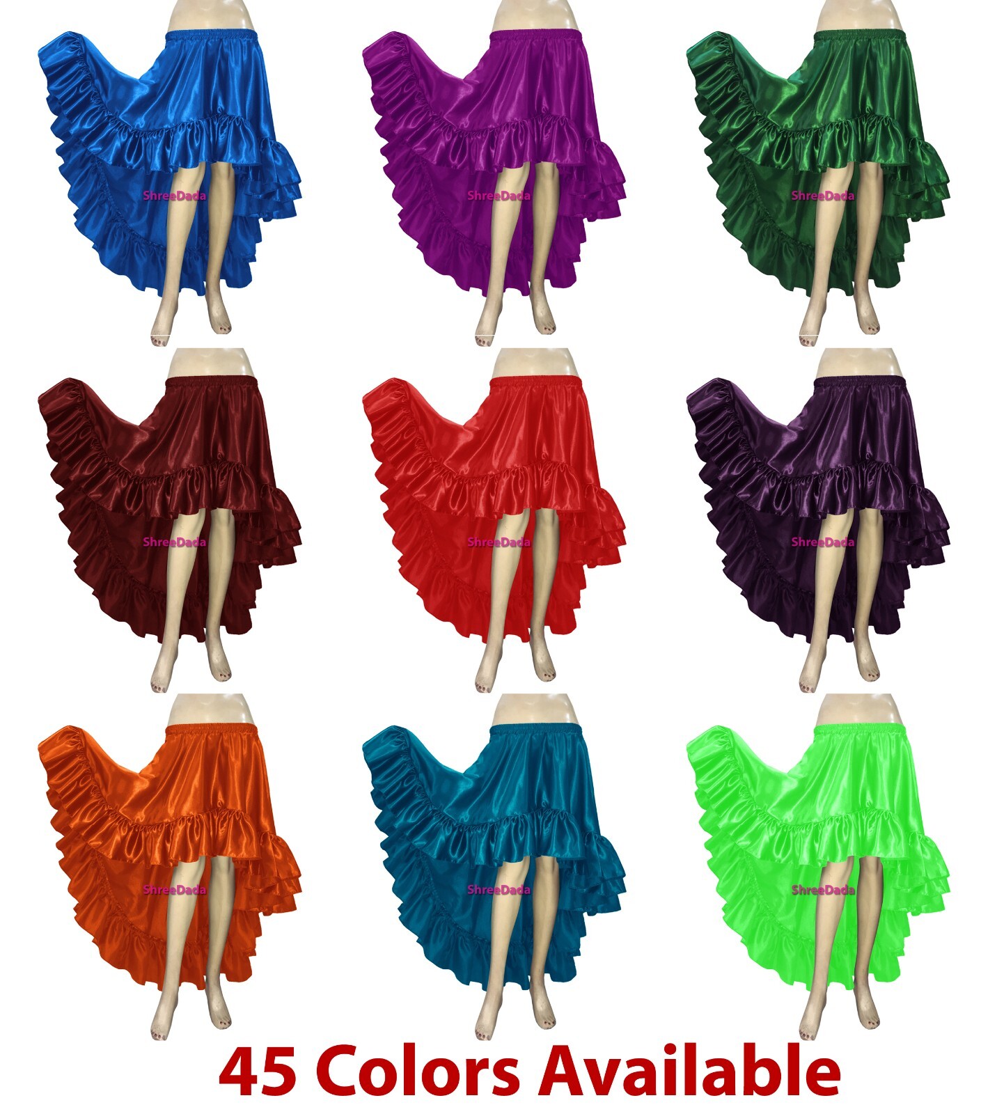 12 Yard Satin Flamenco Ruffle Asym Skirt Circular Belly Dance Jupe Tribal Gypsy