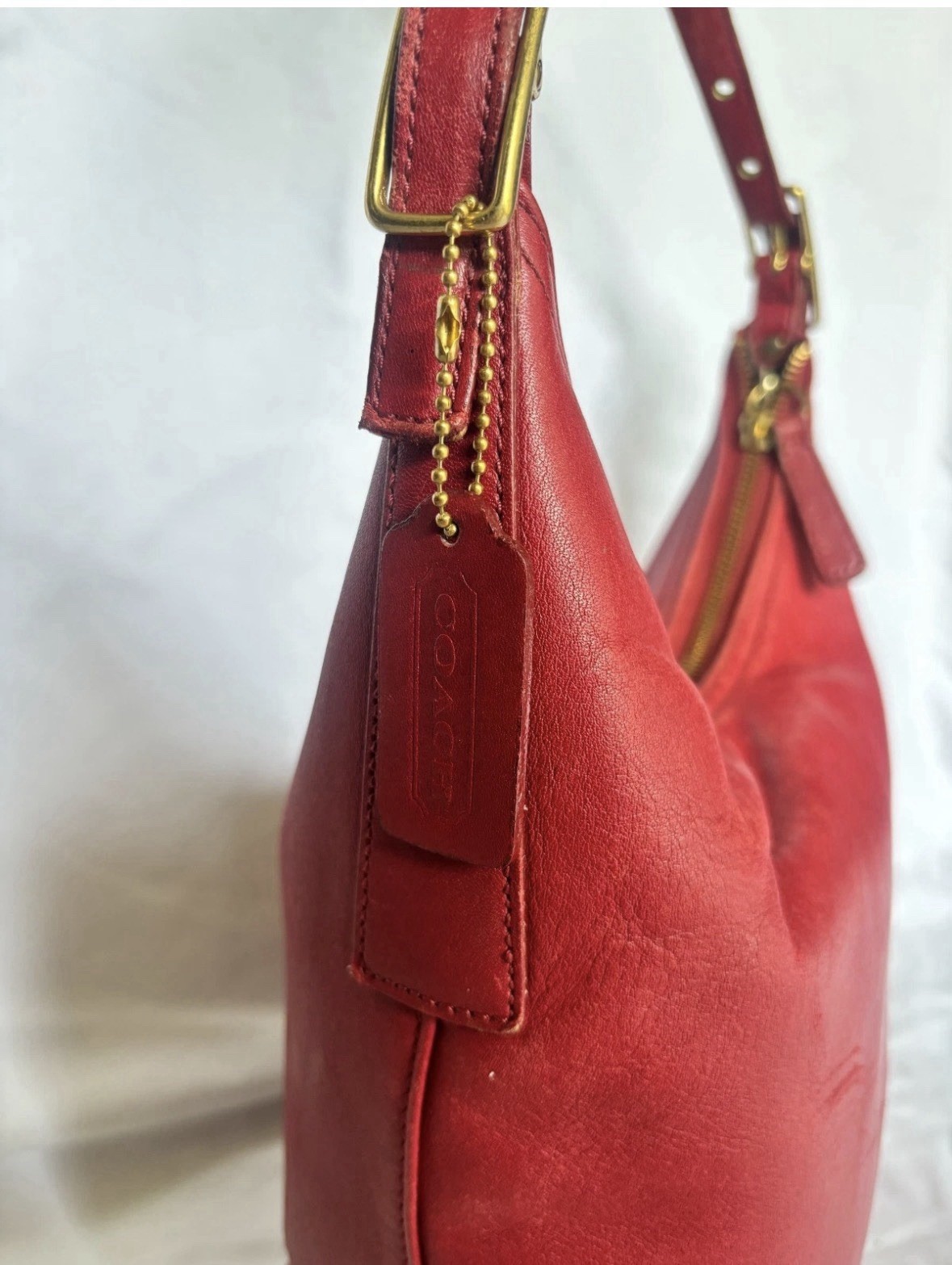 Coach Red Crescent Shoulder Bag, Zip Closure, Gold Hardware, Tassel Charm