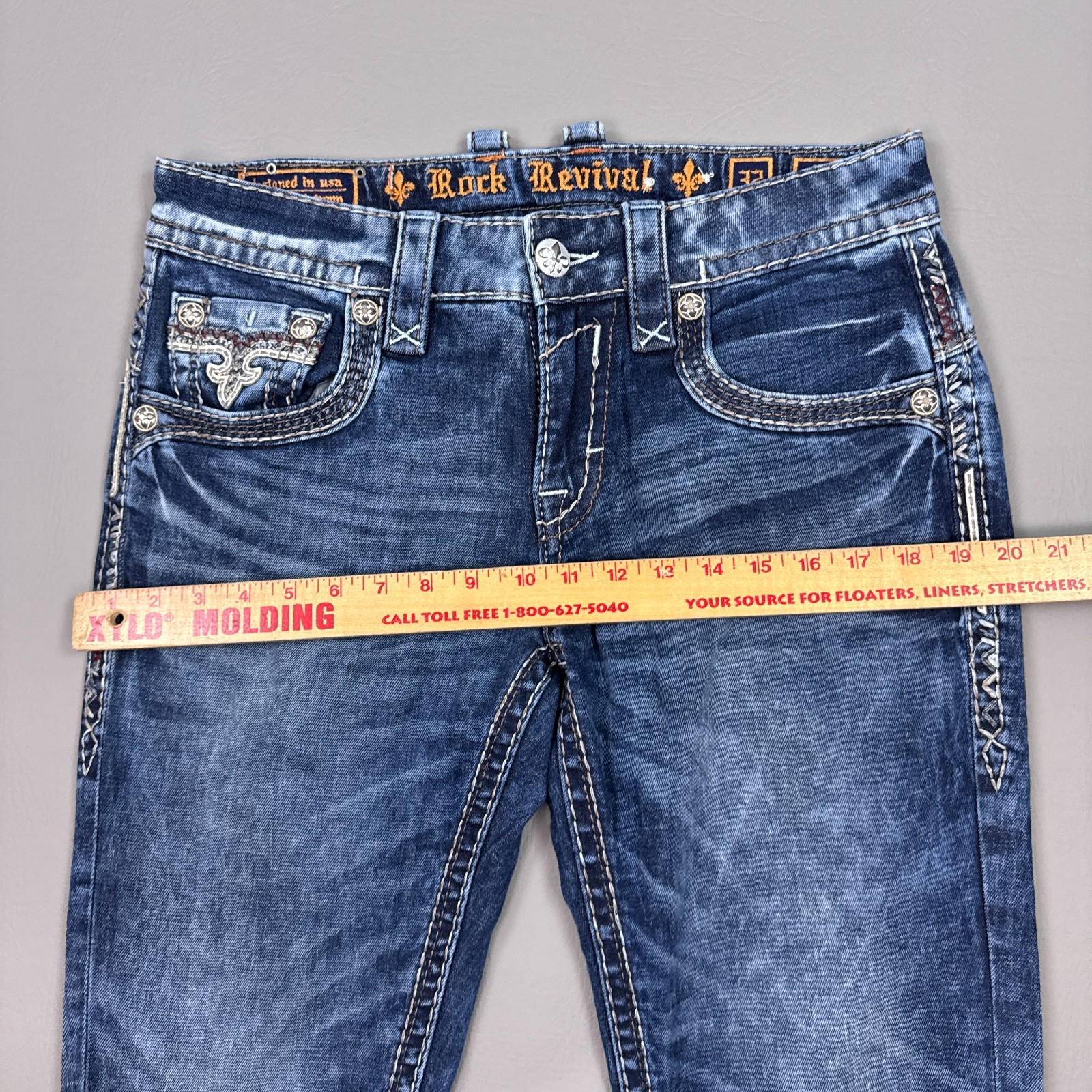 Rock Revival Jeans Mens 32×32 Blue Geras Denim Pants Embroidery Faded Stretch