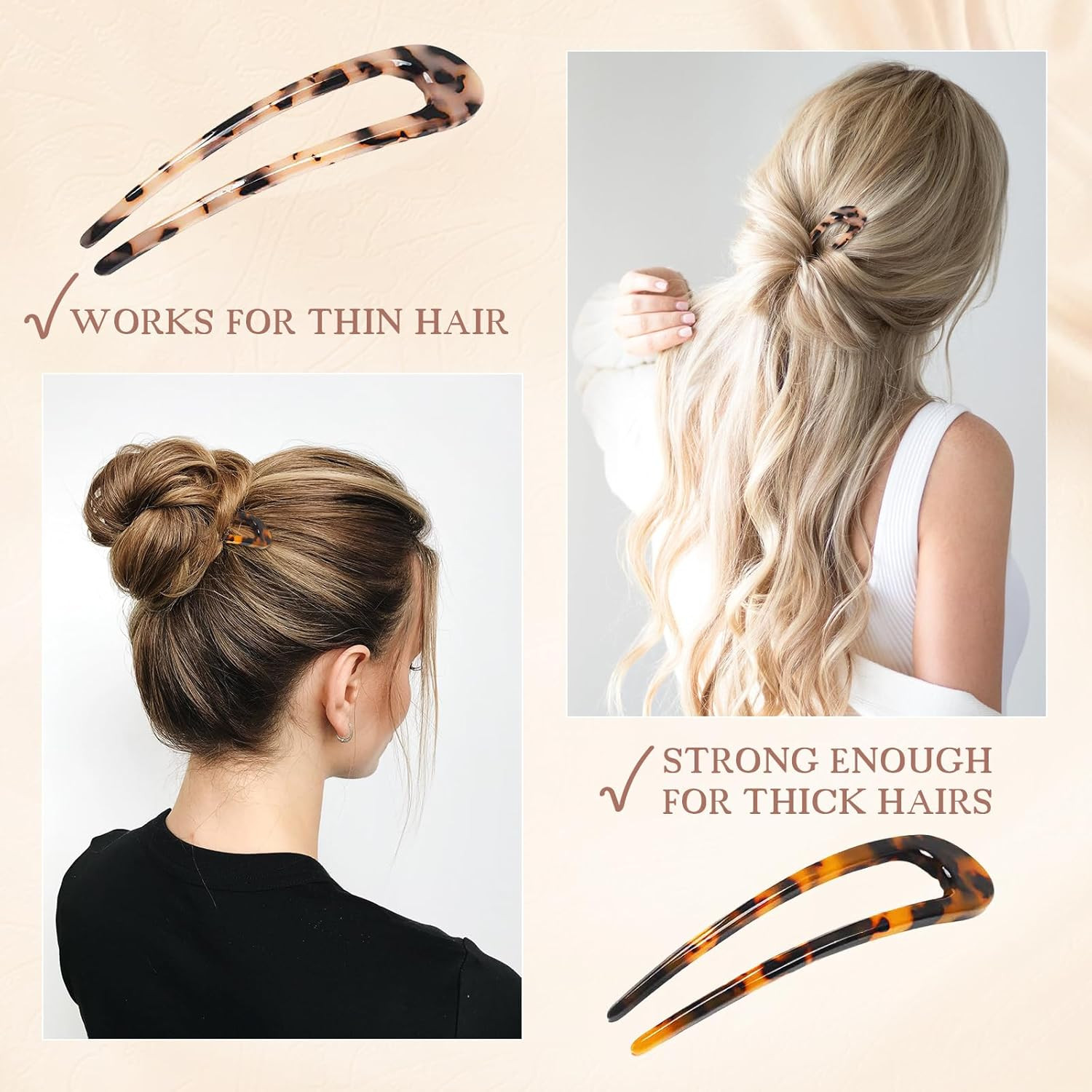 2 Pack French Style Cellulose Acetate Tortoise Shell U Shaped 4.7 Inch Hair Pin