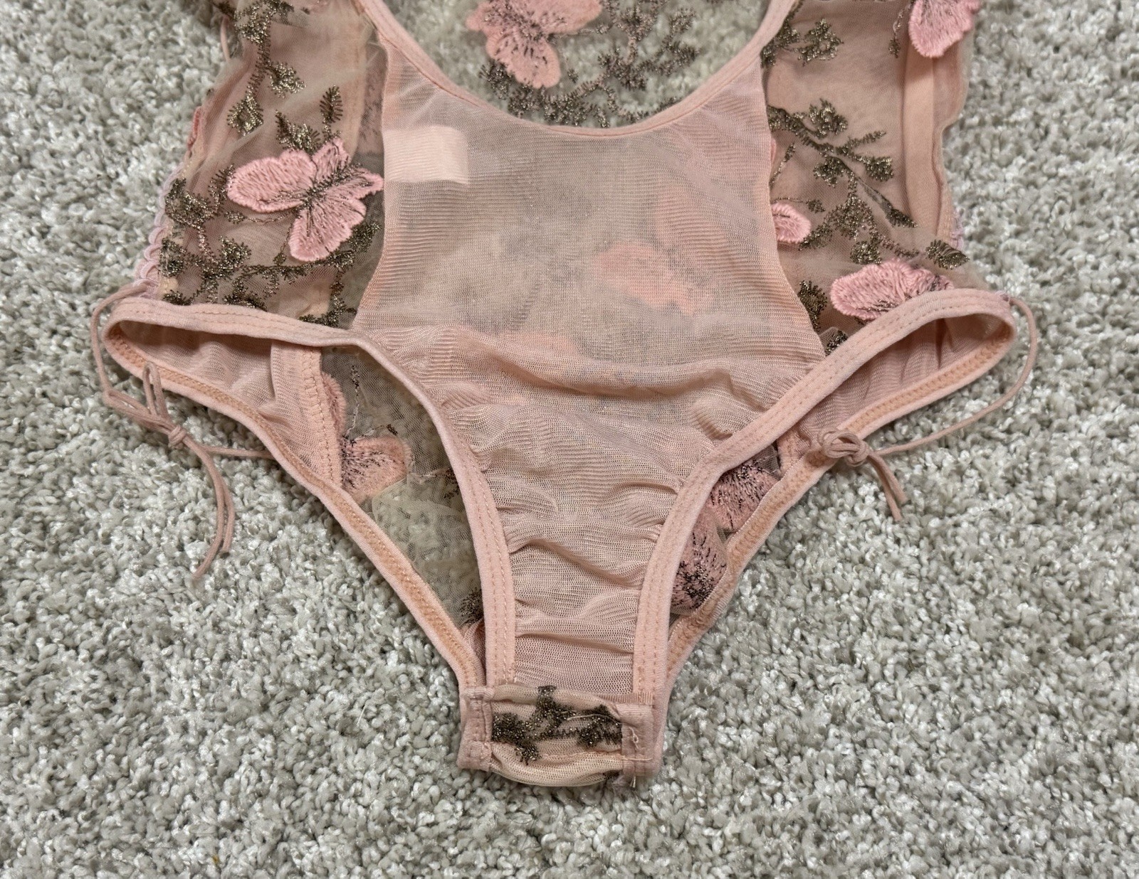 Sexy Butterfly Embroidered Mesh Lace-Up Teddy Bodysuit Pink Floral Size Small
