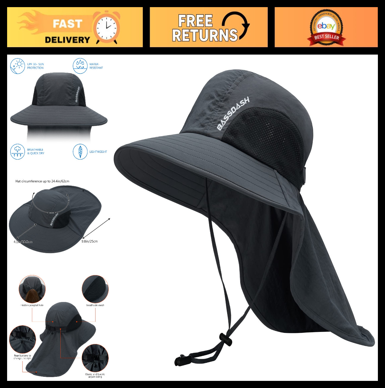 UPF 50+ Unisex Water Resistant Wide Brim Sun Hat with Neck Flap & Ponytail – Fis
