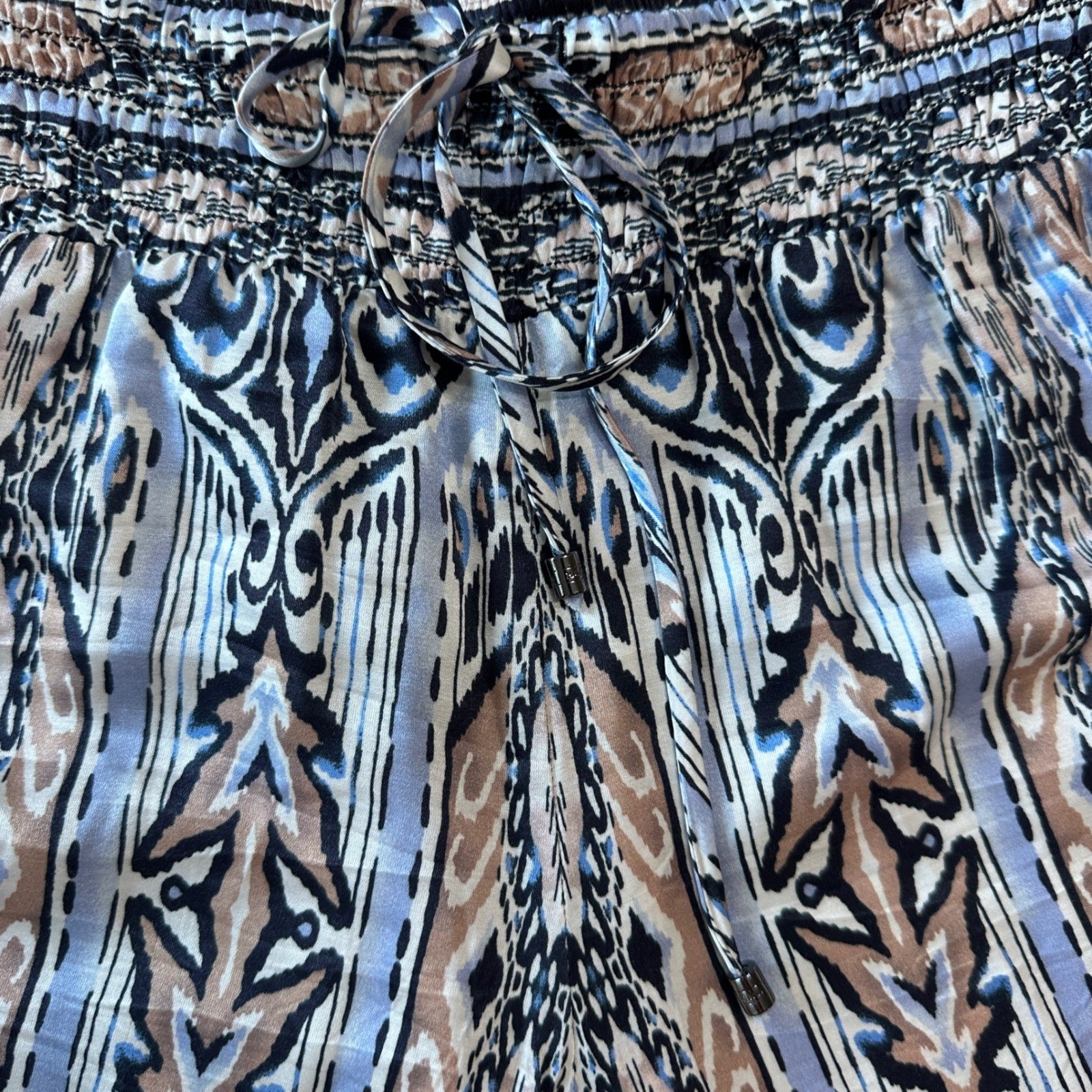 Hale Bob Wide Leg Pants Silk Blend Small, Blue Ikat Palazzo Boho Beach Resort