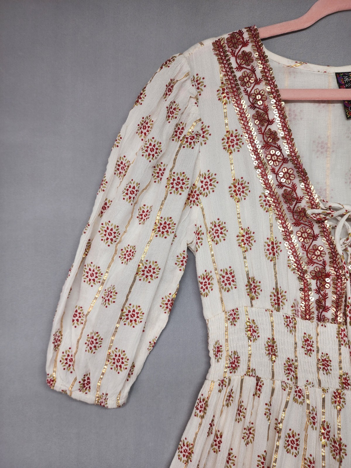 Anthropologie Me 2 Magic Size S Ivory Smocked Boho Maxi Dress Glitter Sequins
