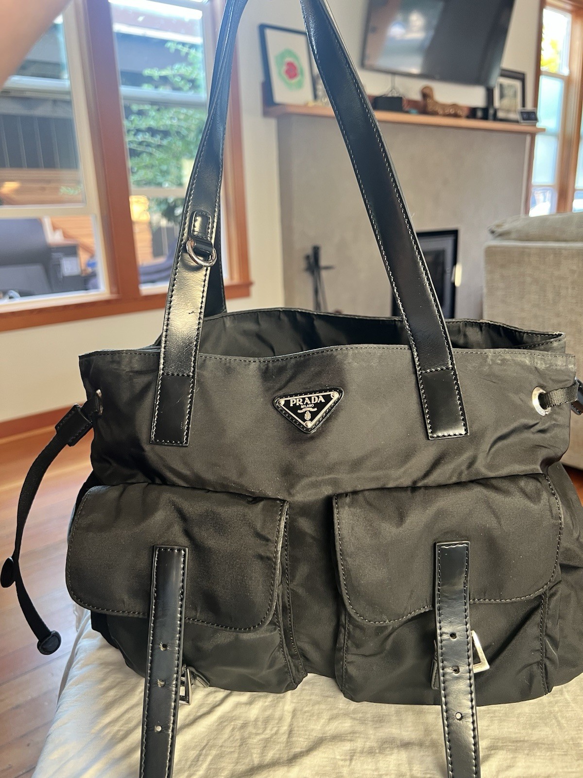 Vintage Prada Tessuto Nylon Cargo Tote Bag Black Leather Y2K Authentic