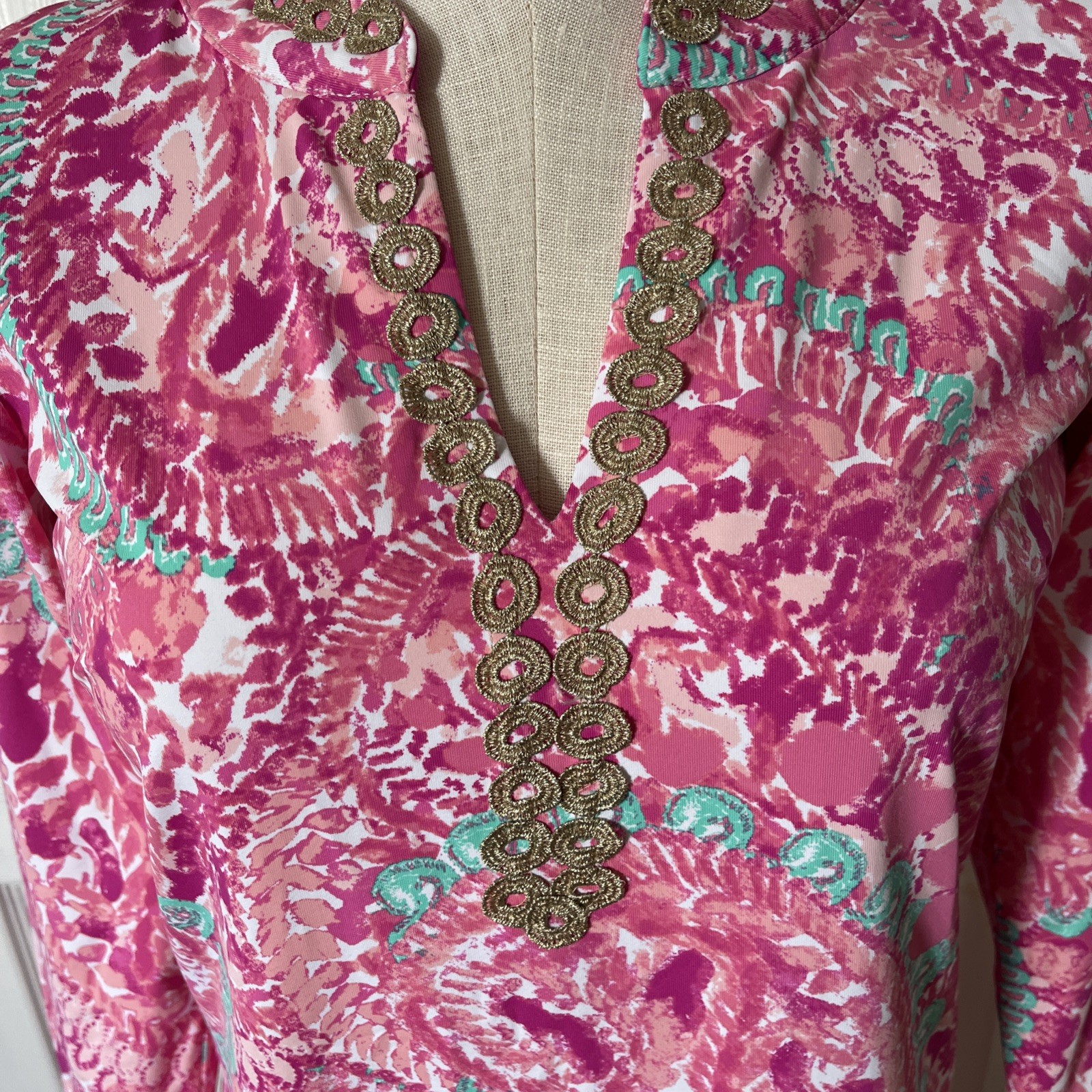 Sunsets & Sweet Tea SZ S Floral Anywhere Dress Pink Sheath Gold Trim (4)