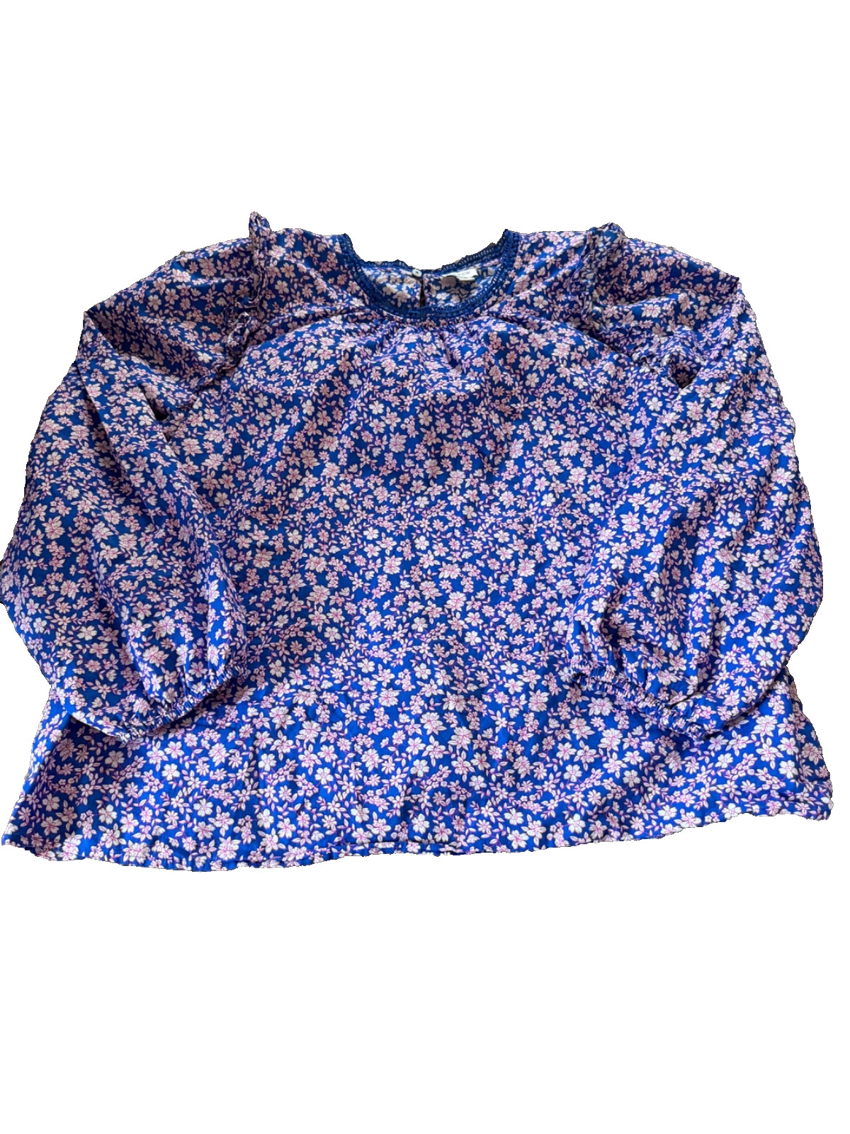 J. Crew Top Women’s 2X Floral Long Sleeve Ruffle Shoulder Blue Cotton Blouse