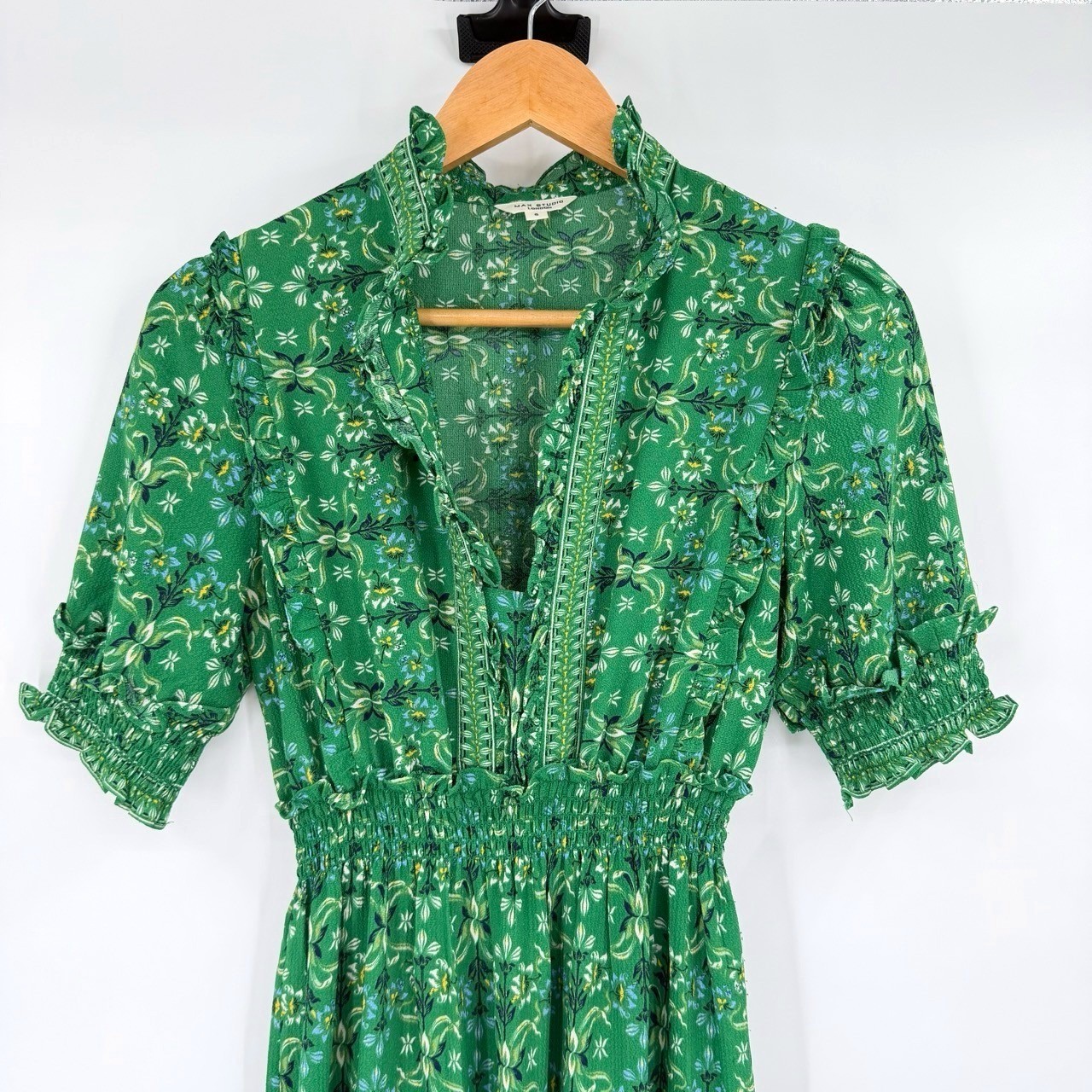 Max Studio Small Maxi Dress Green Floral Boho Tiered Smocked Ruffle Romantic