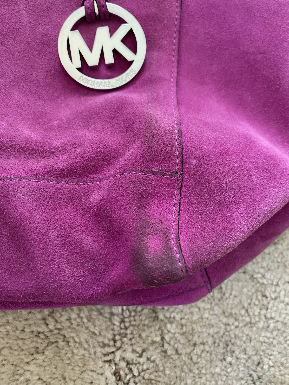 Michael Kors Fuchsia Suede Tote Bag Magnetic Closure Gold Hardware Tassel Charm