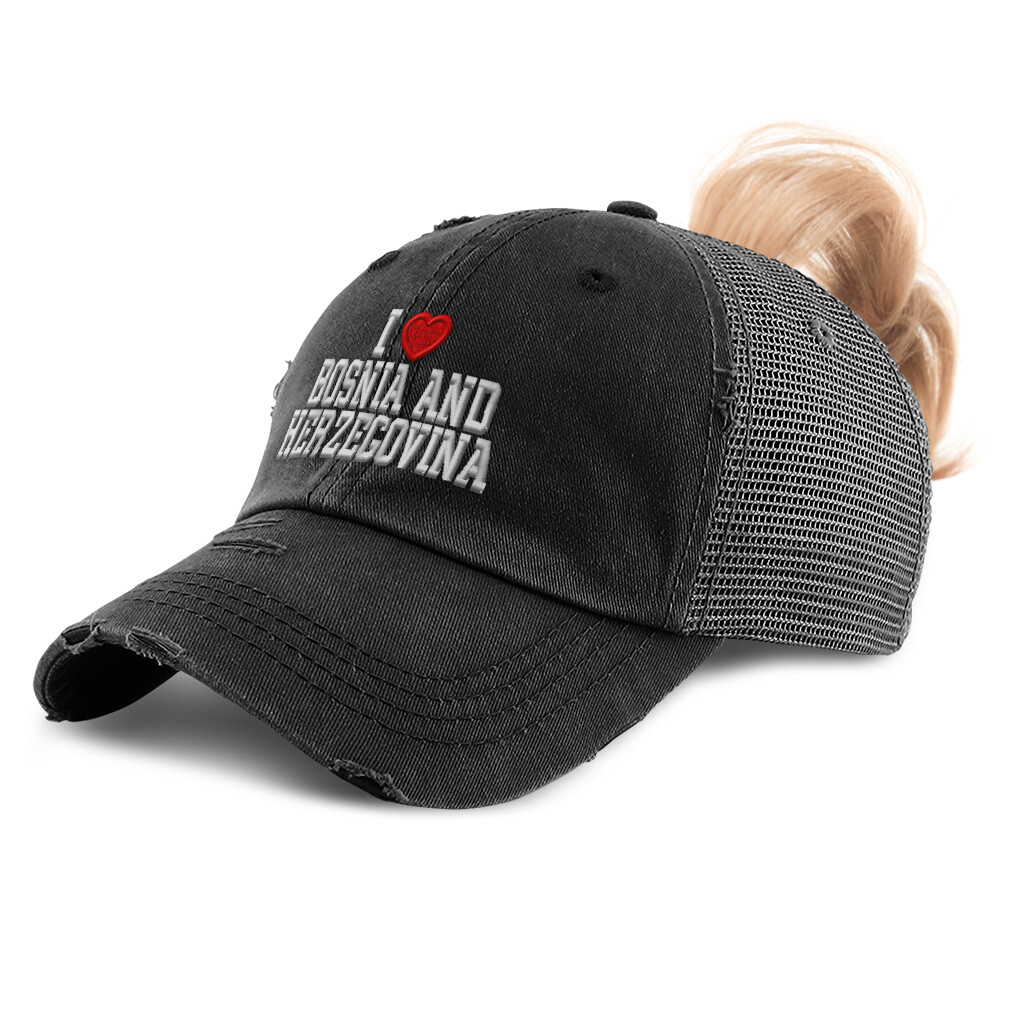 Womens Ponytail Cap I Love Bosnia and Herzegovina Cotton Distressed Trucker Hats