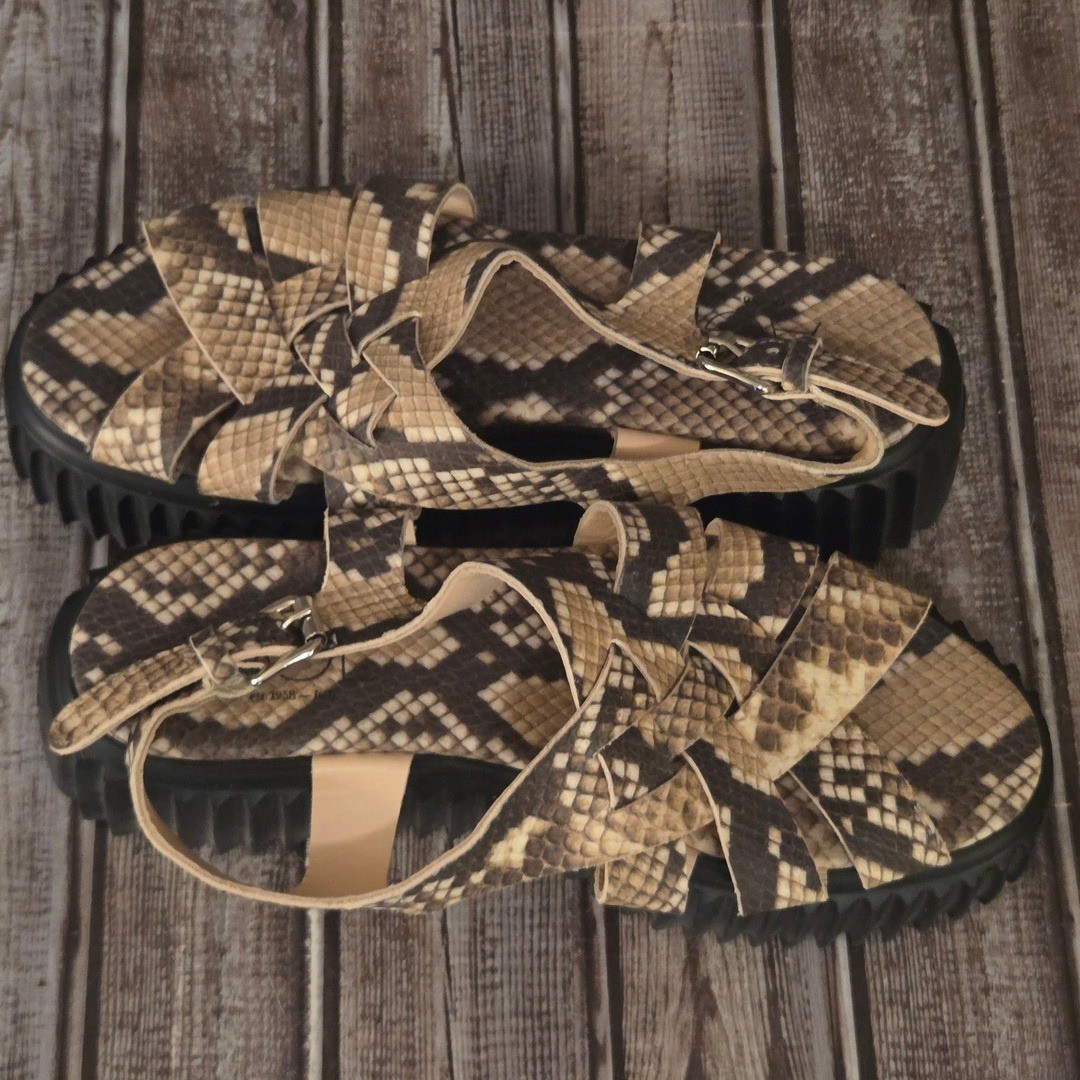 Sz 38/ 8 AGL Snake Print Woven Leather Platform Sandals Tan Brown Excellent