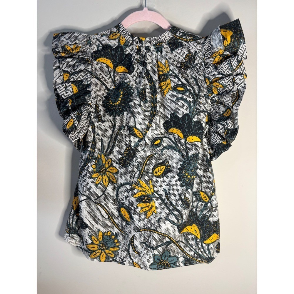 ULLA JOHNSON Spring Summer 2022 Womens Size 6 Cotton Floral Ruffle Sleeve Top
