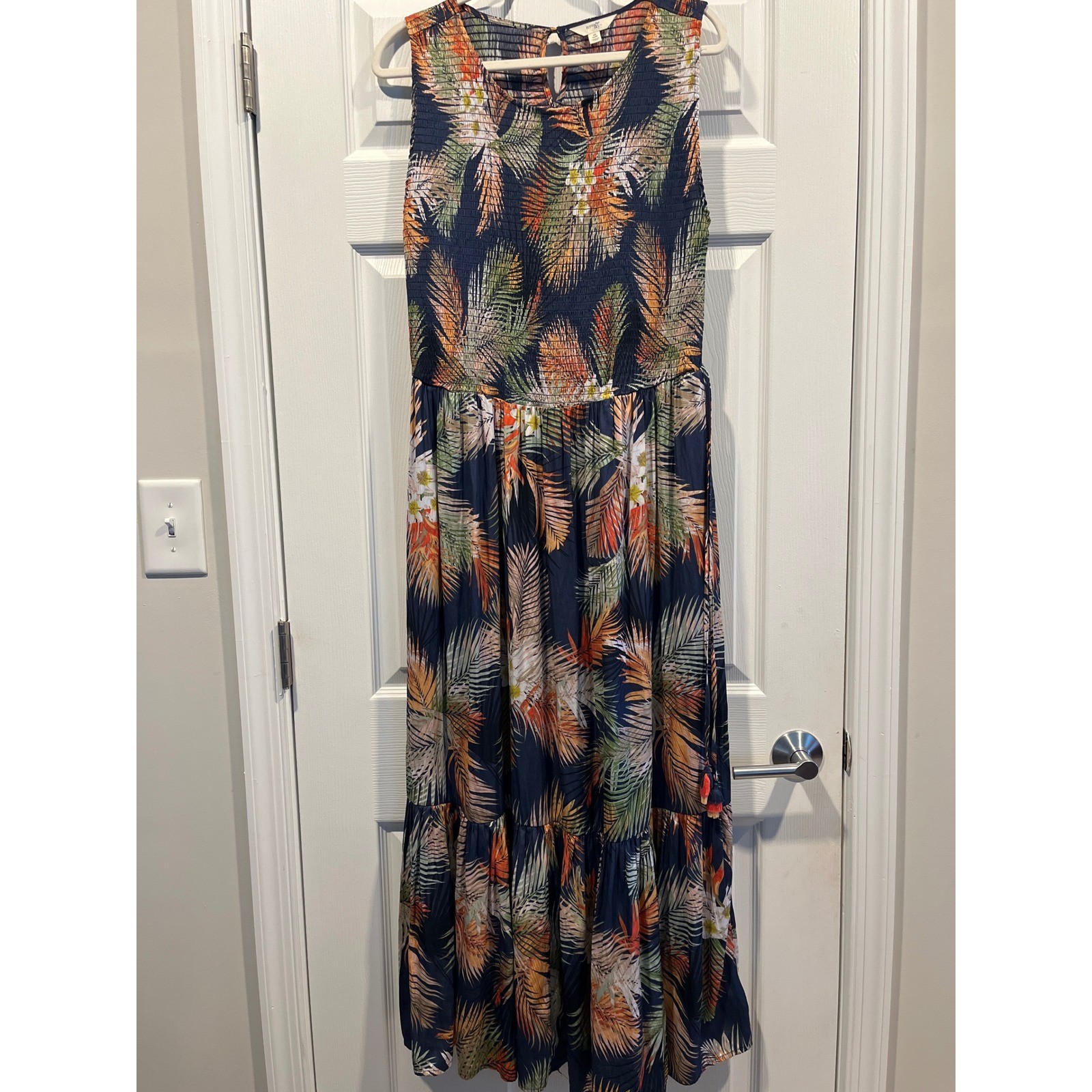 Terra & Sky Navy Tropical Palm Print Smocked Tiered Maxi Dress Sleeveless Womens