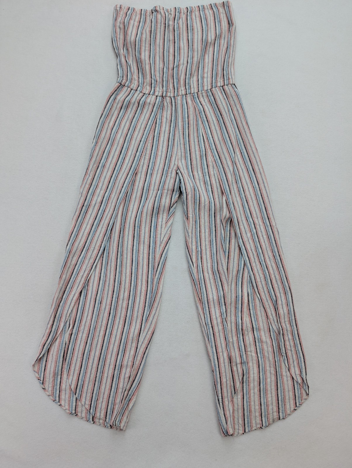 Drew Women’s Romper Size M Linen Blend Strapless Bohemian Pink Blue White Stripe