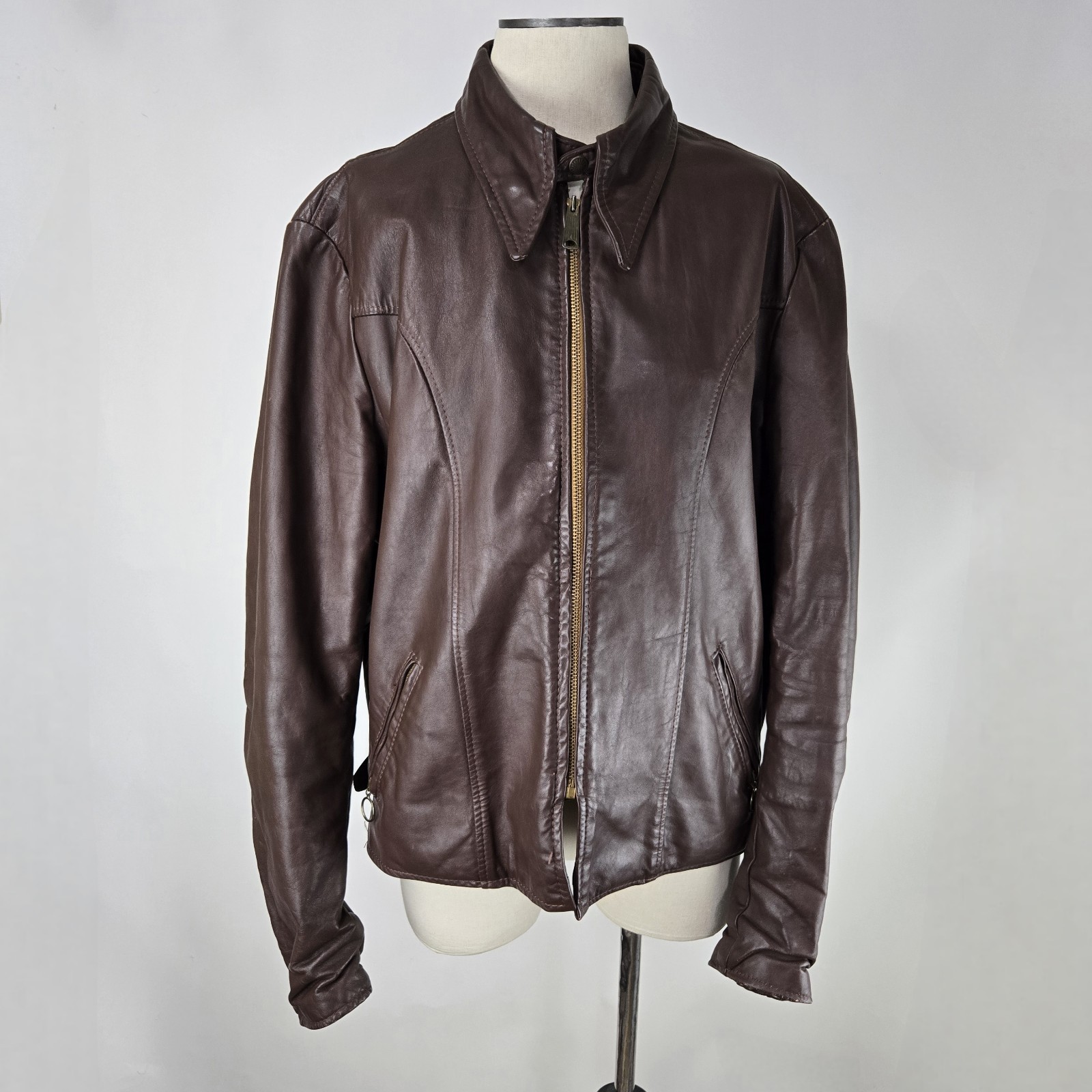 Vintage BROOKS Leather Sportswear Motorcycle Biker Jacket 46 Brown Cafe Racer XL