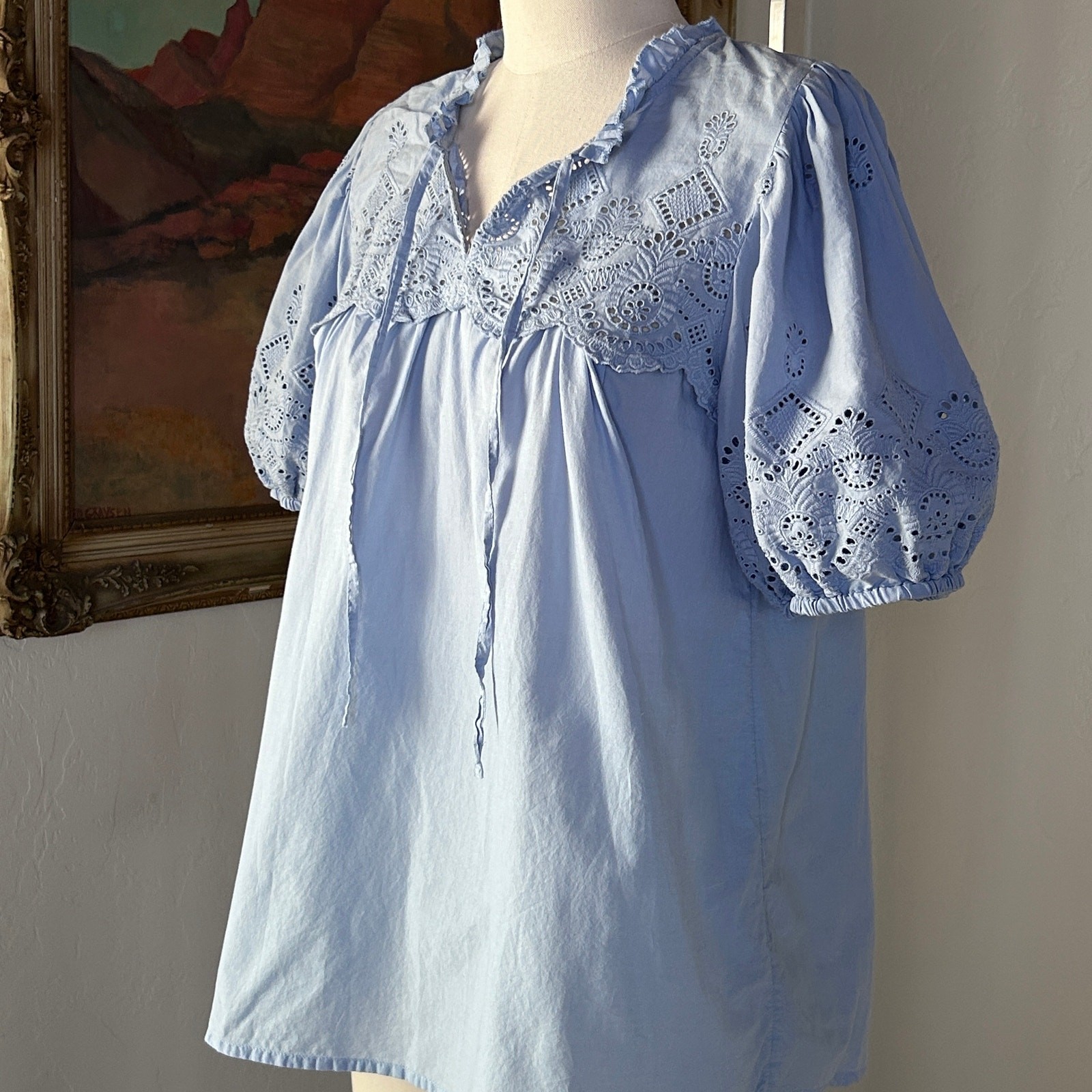 Cotton Eyelet Prairie Peasant Top Puff Sleeve Blue Romantic Cottagecore Blouse M