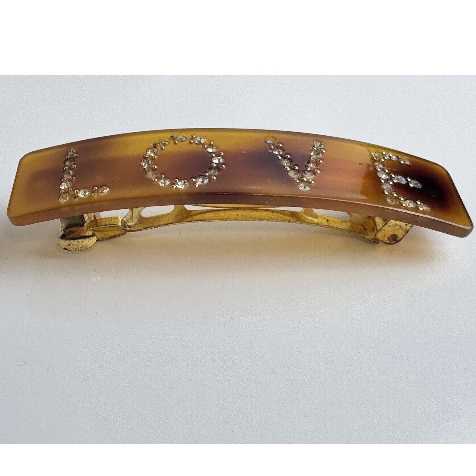 Vintage Amber Tortoiseshell LOVE Rhinestone Hair Barrette French Clip J-01