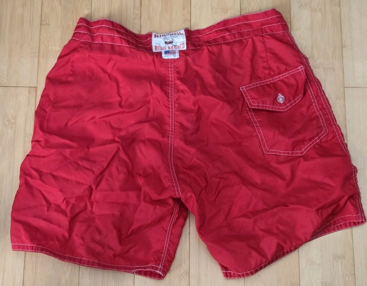 VTG Birdwell Beach Britches Boardshorts Mens 33 Red Lace Up Swim Made In USA