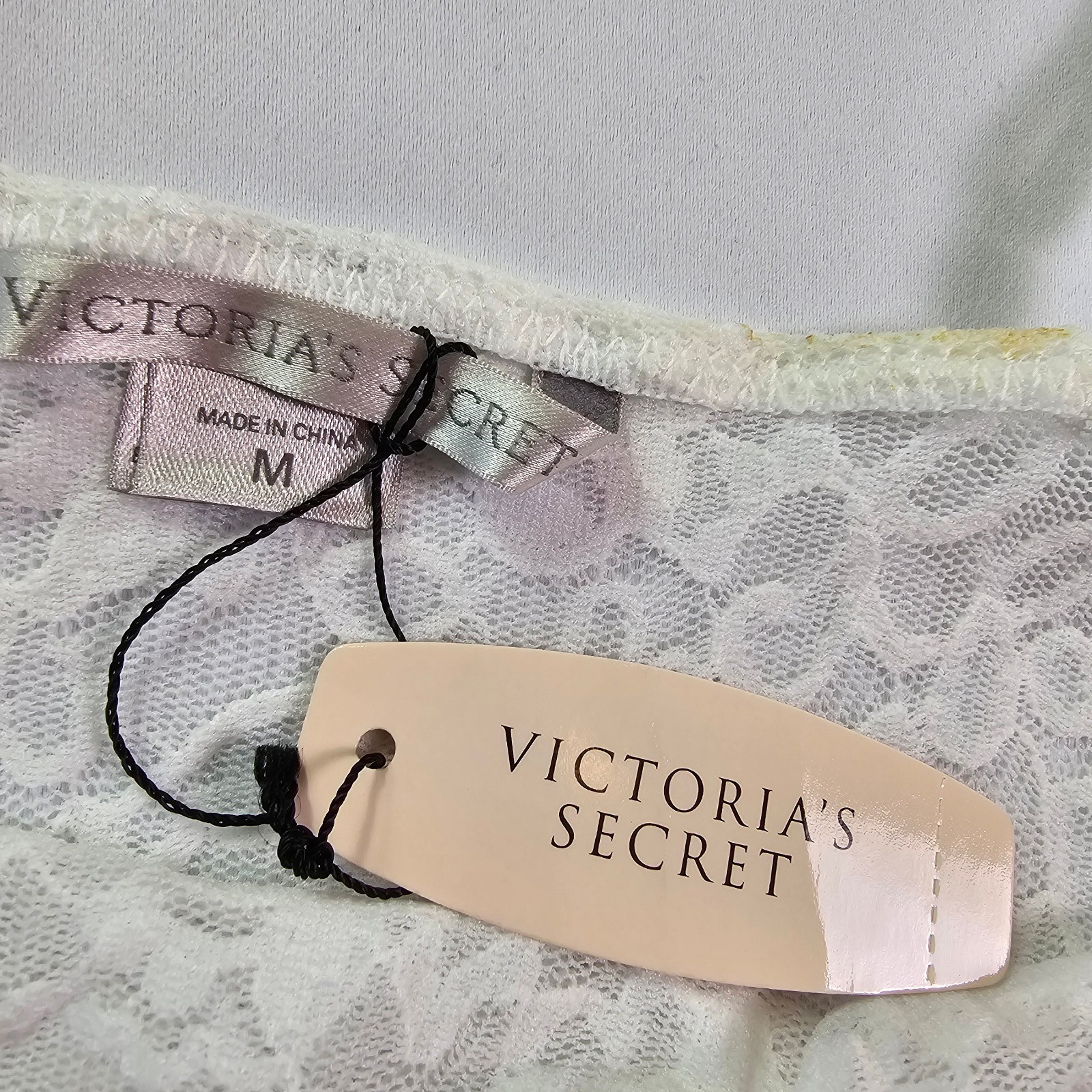 Victoria’s Secret Slip Dress Medium White Lace Sheer Mesh Chemise STAIN