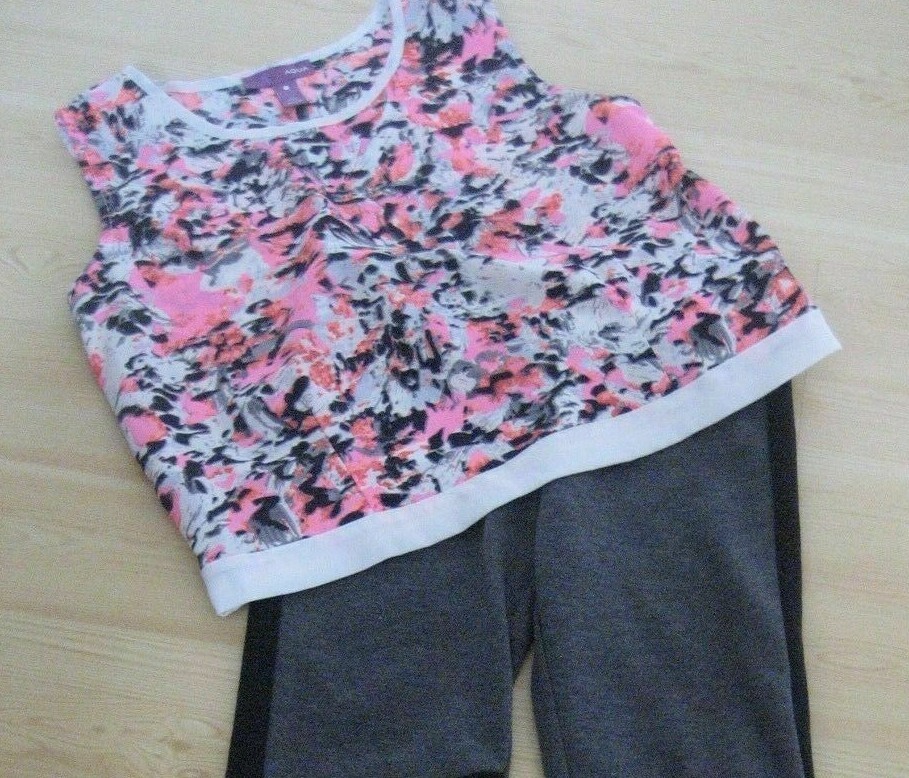 NEW Girls L 6/7 Pink Gray White Black Splat Print AQUA USA Silky BLOUSE TOP TANK