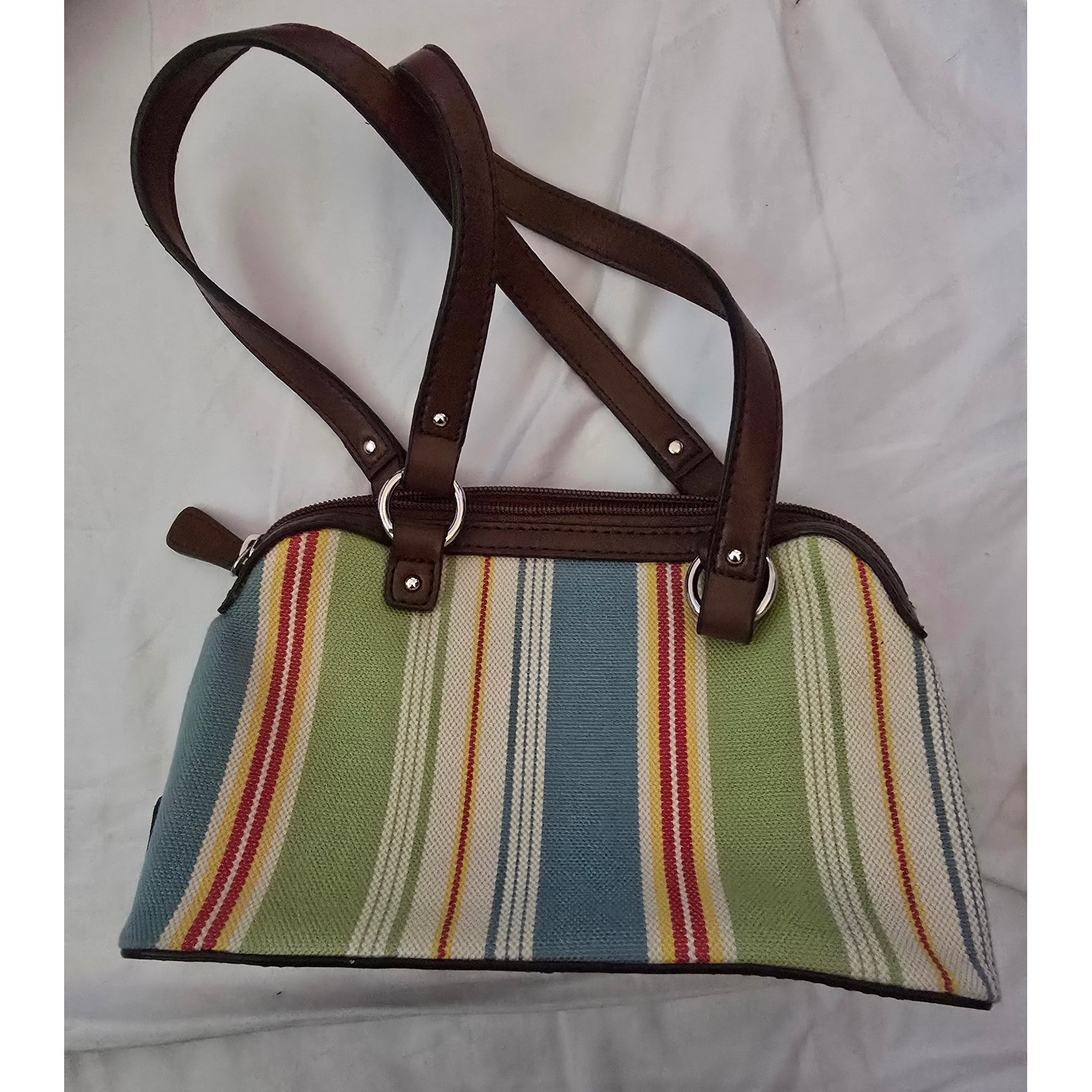 Etienne Aigner Striped Canvas Mini Bag Brown Trim Multi Color Buckle Detail