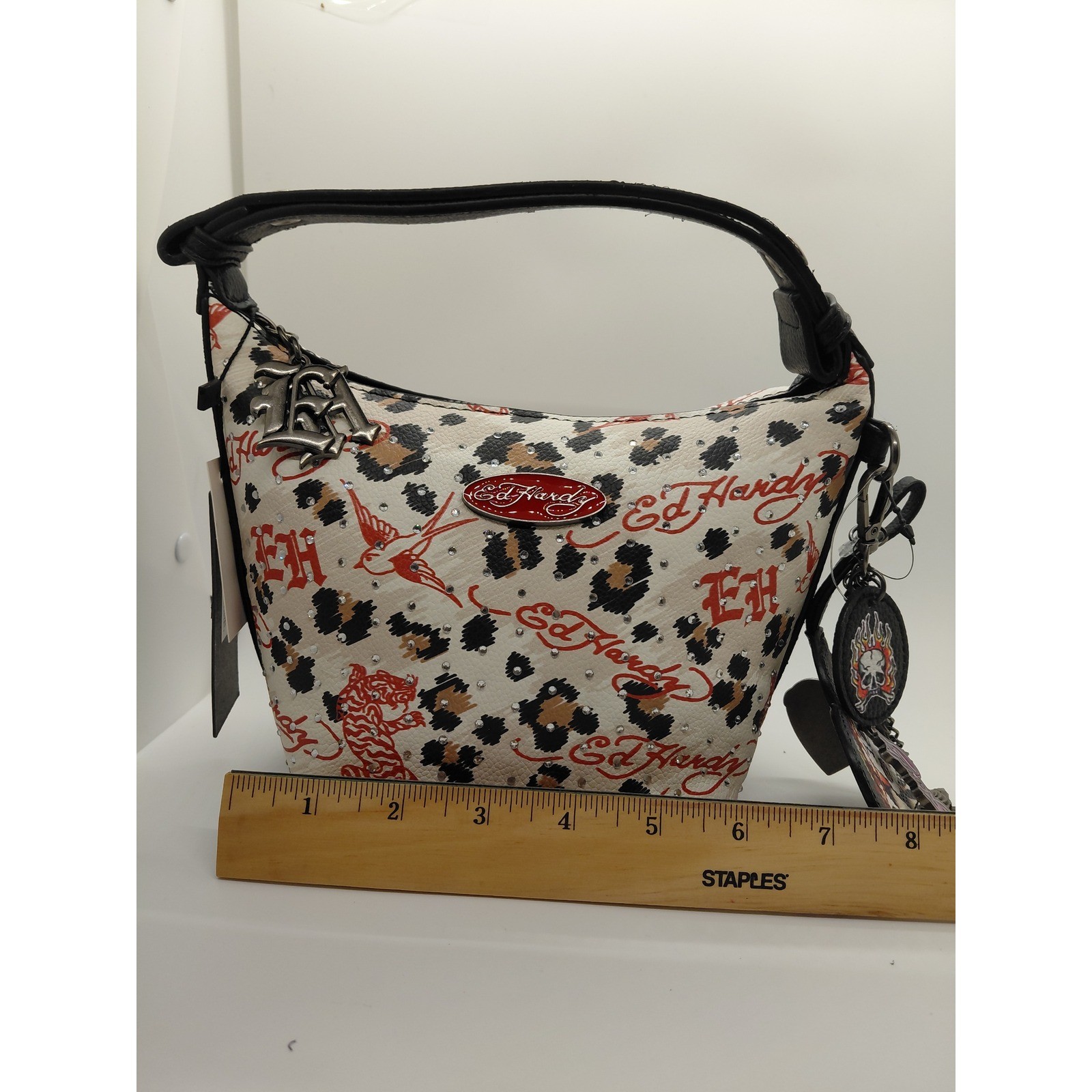 NEW Ed Hardy Leopard Print Tattoo Graphic Rhinestone Shoulder Bag With Charms