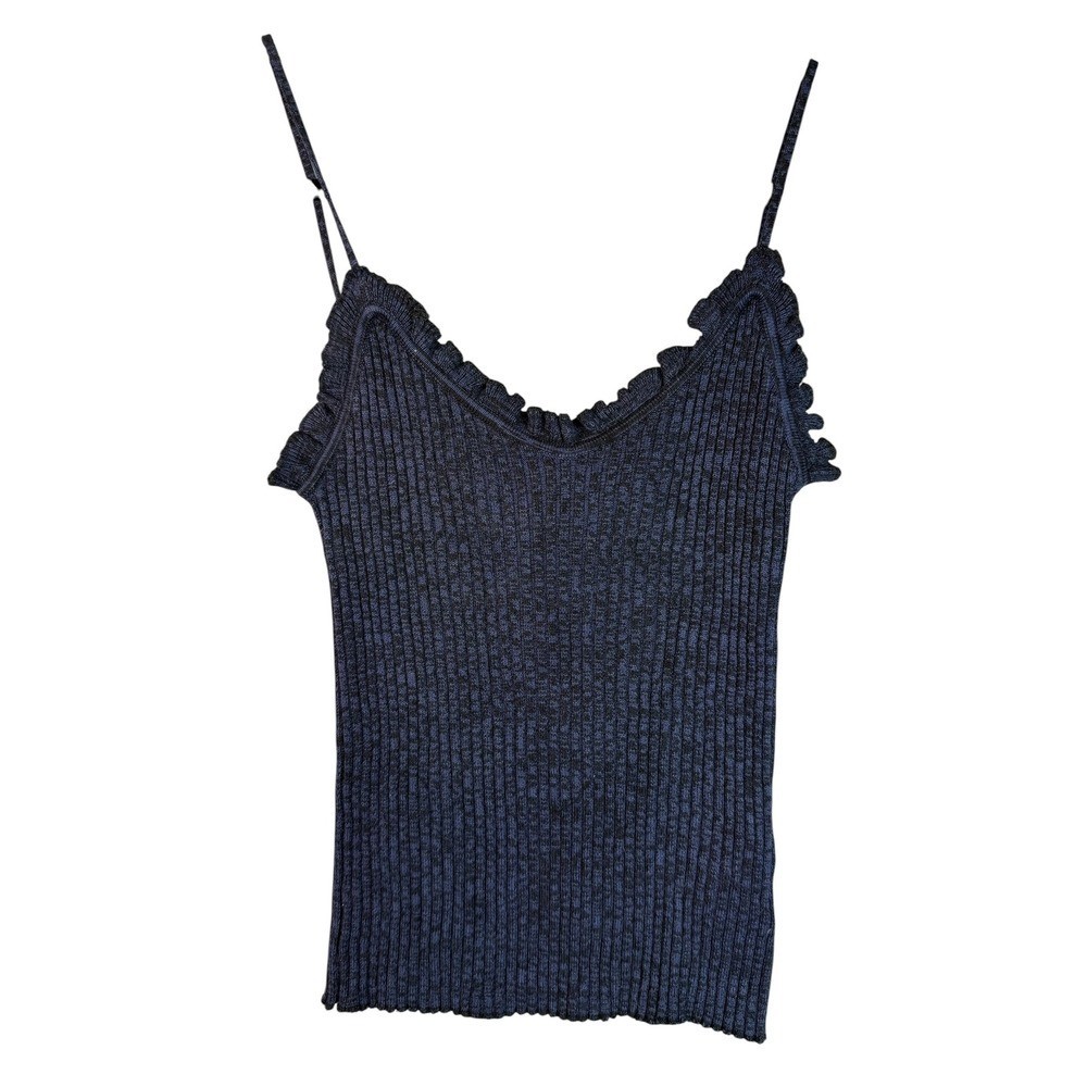 Free People Ribbed Ruffle V-Neck Camisole Navy Blue Knit Tank Top Small