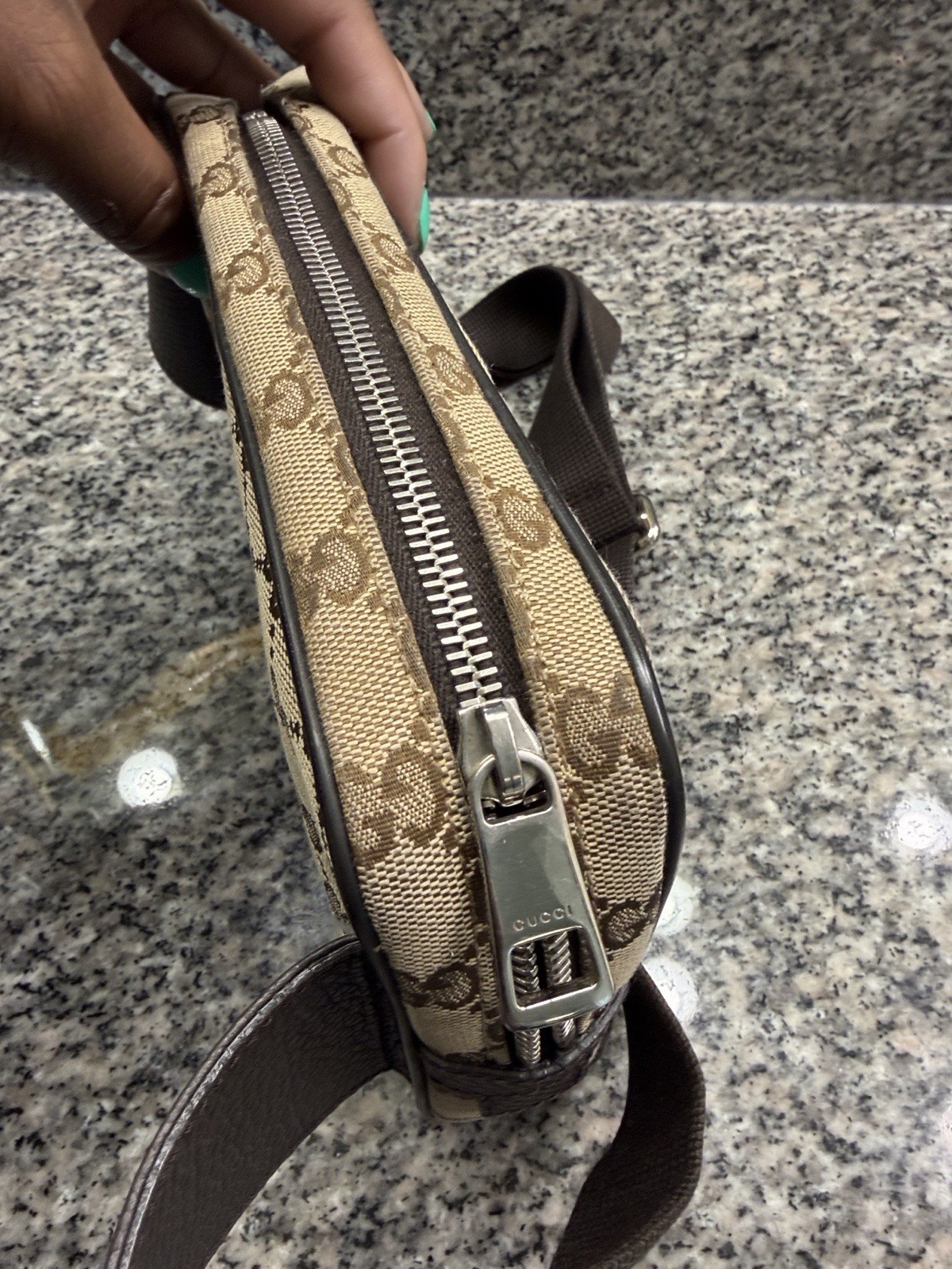 Gucci GG Pattern Beige Brown Crossbody Bag Zip Top Brown Strap Silver Hardware