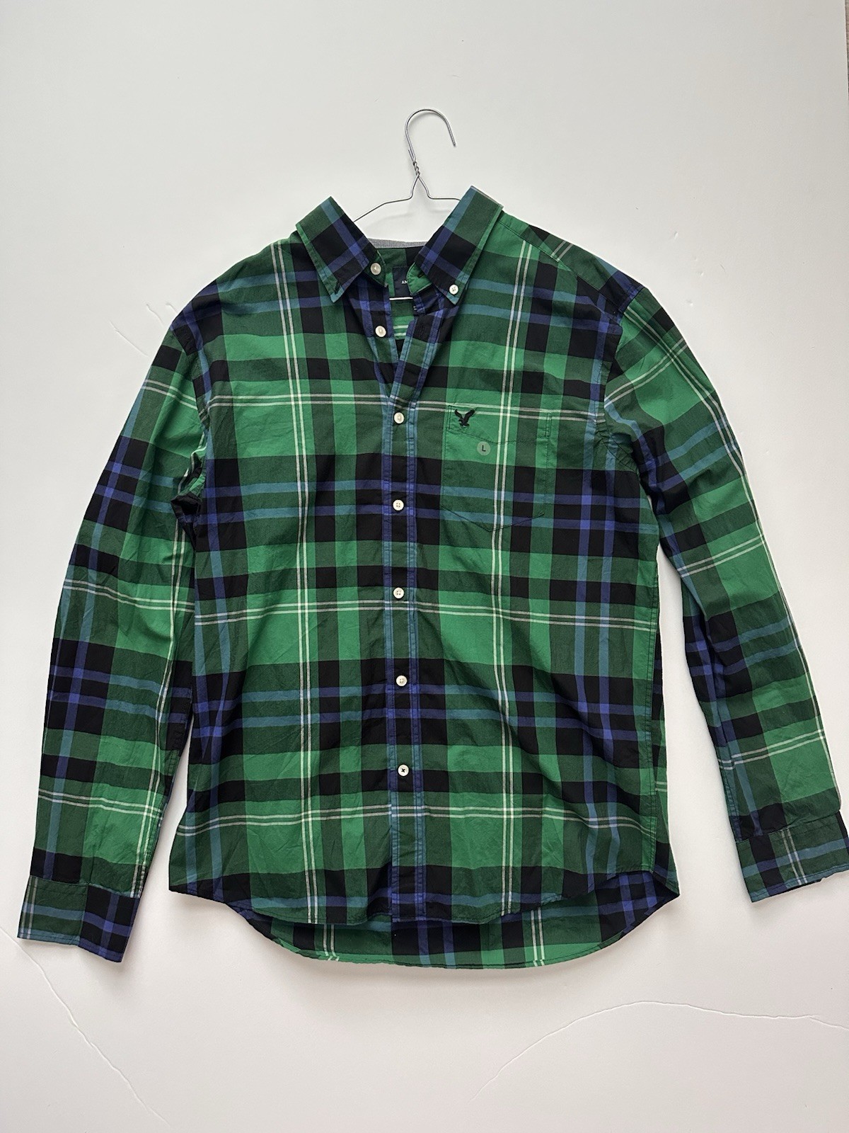 American Eagle Classic Fit Long Sleeve Plaid Green/Blue Button-Down Cotton L