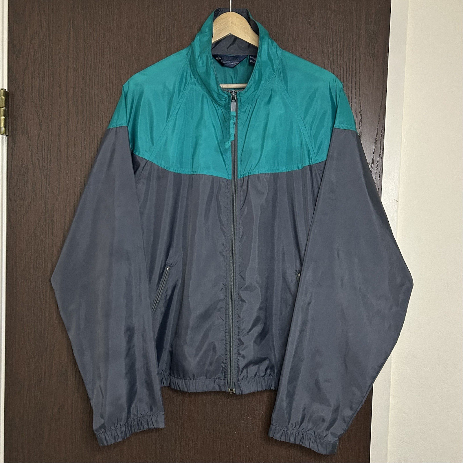 Vintage 80s Columbia Color Block Windbreaker Jacket Mens Medium Nylon Teal Grey
