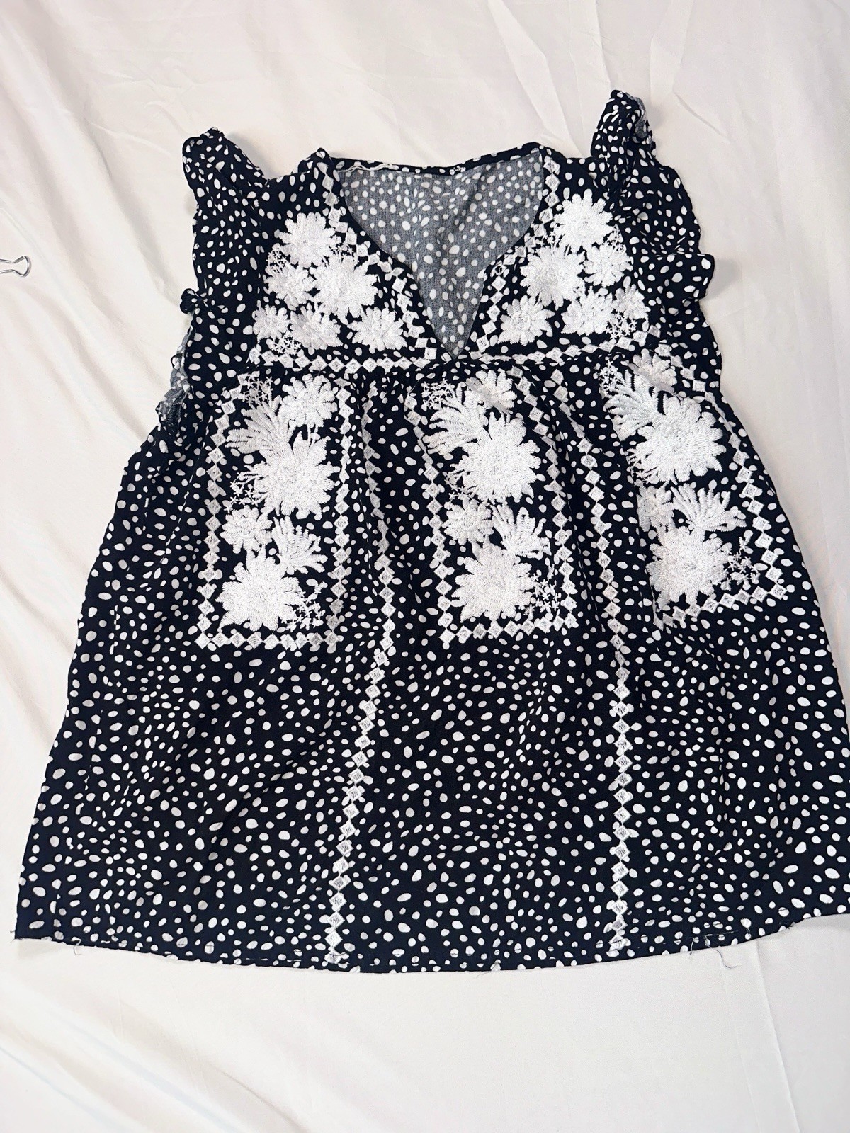 Self Womens S Black White Polka Dot Chiffon Babydoll V-Neck Smocked