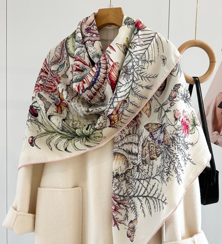 70% Cashmere 30% Silk 2 Face Flower Large Wrap Scarf Women Square Shawl 53″