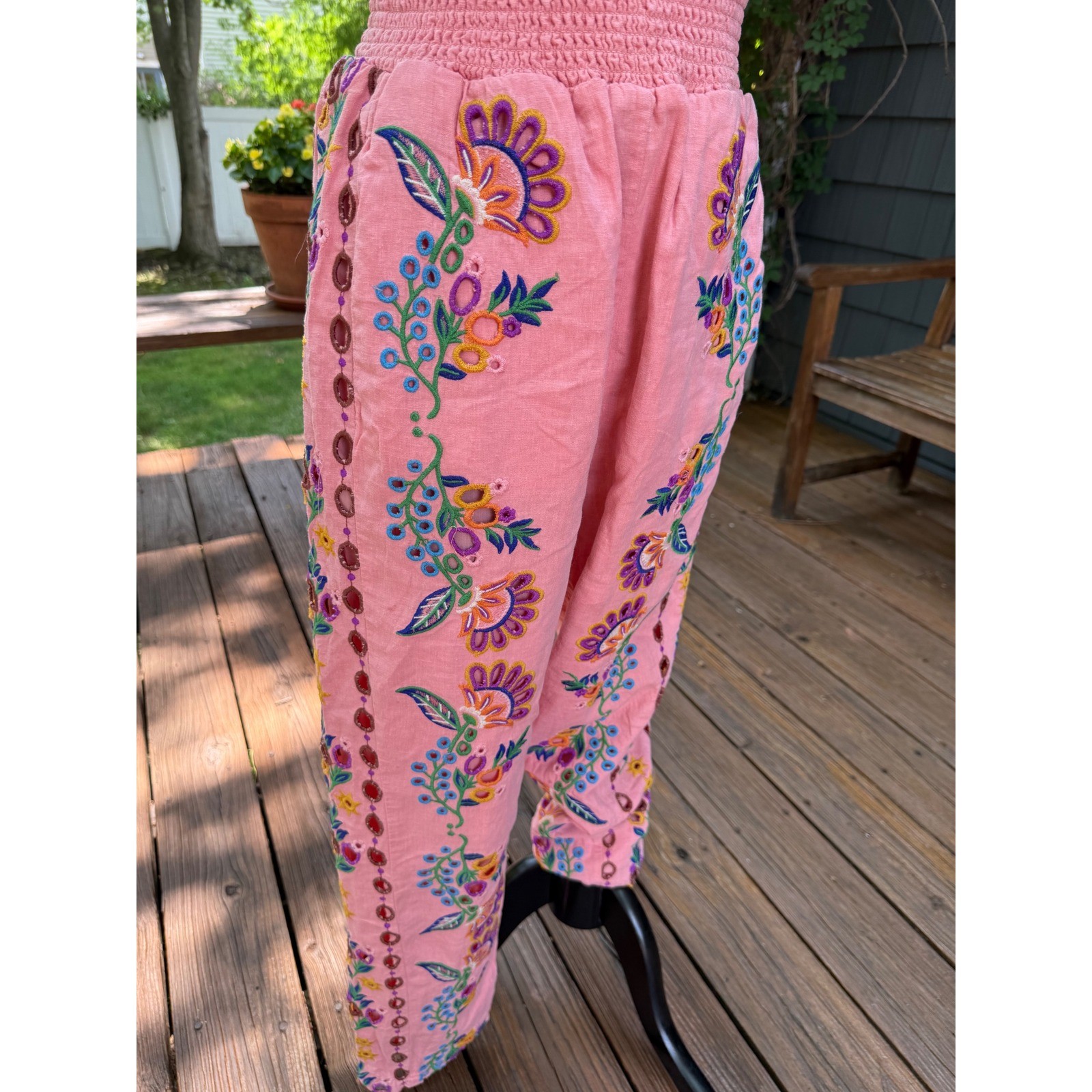 Farm Rio Pink Linen Embroidered Eyelet Smocked Waist Tapered Pants Womens