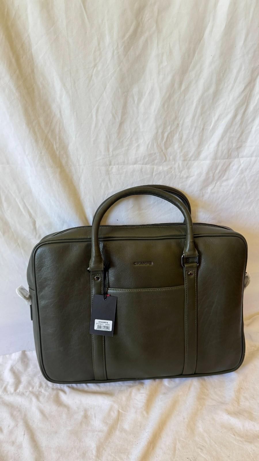 New Champs Onyx Leather Slim Laptop Briefcase Green Bag
