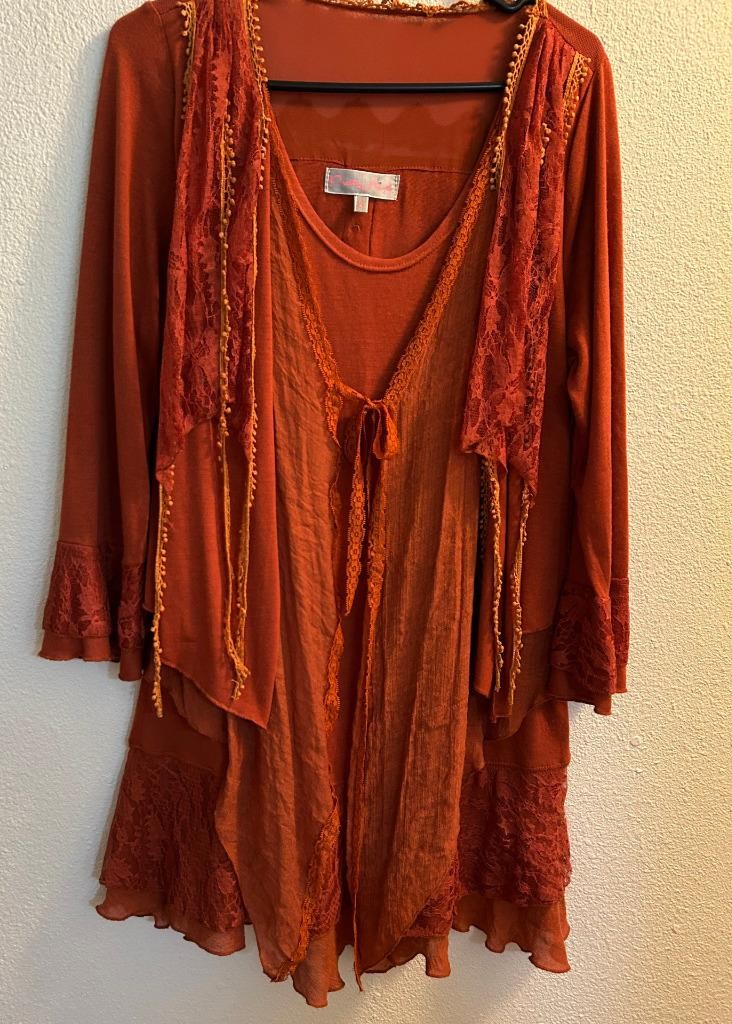 Pretty Angel Boho, over layered tunic top, burnt orange, lacey Hippy, Gypsy, XL