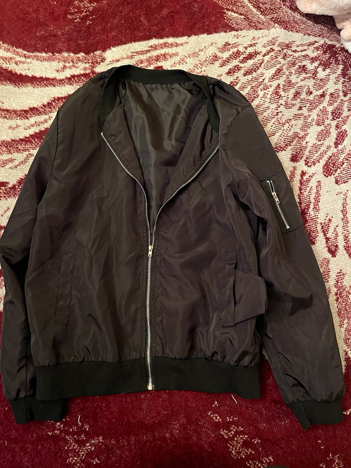 Men’s Black Bomber Jacket M Nylon Short Full Zip Band Collar Solid Pre-Owned