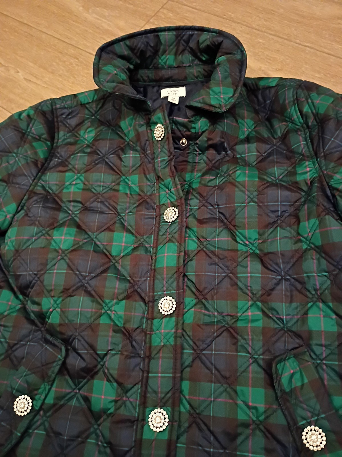 Crown & Ivy Navy Green Plaid Quilted Jacket Bling Rhinestone Button Snaps Sz M