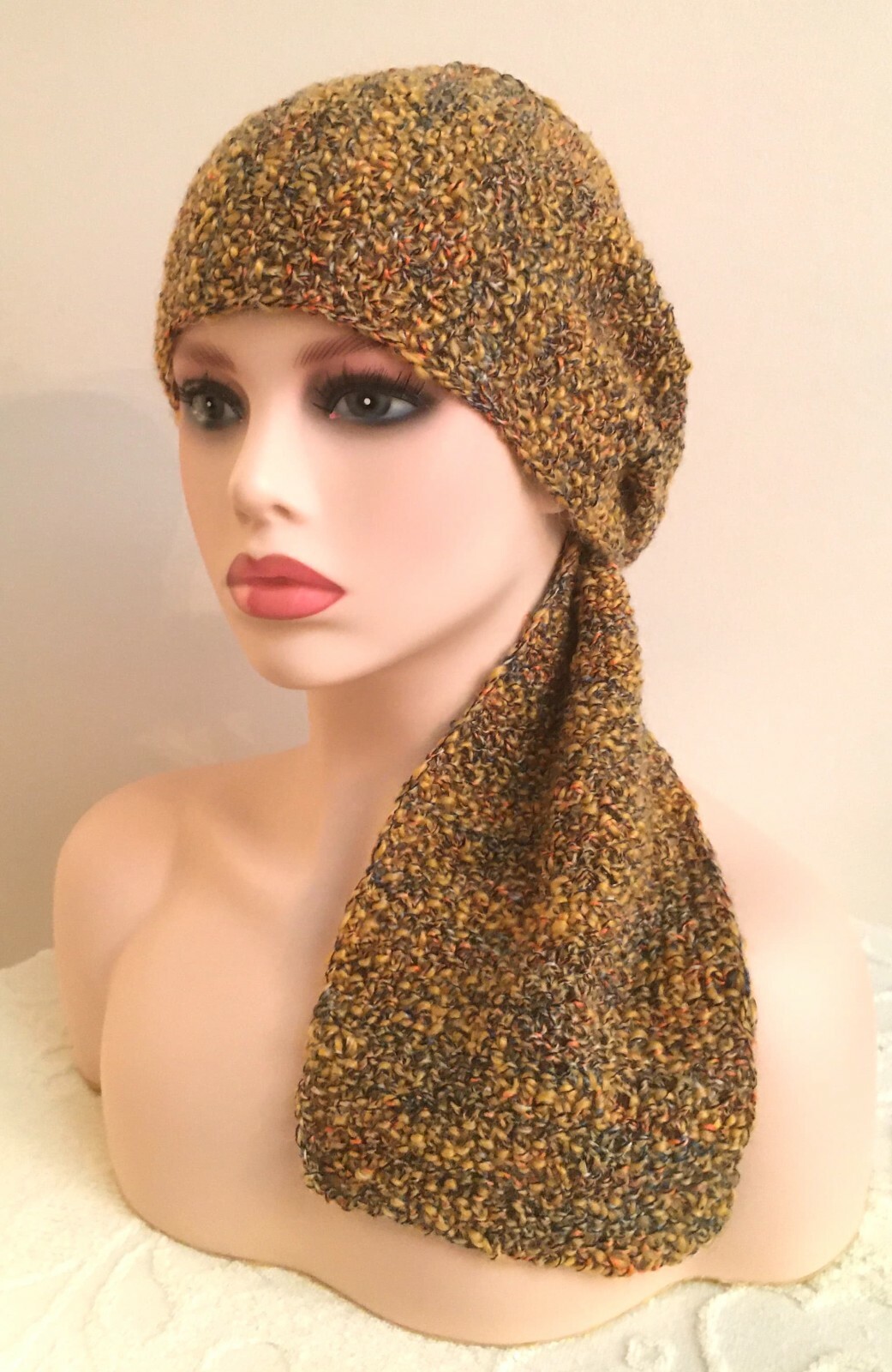 YELLOW BROWN SCARF NECK WARMER WINTER FALL NEW HAND KNITTED ENGLAND WOOL MOHAIR