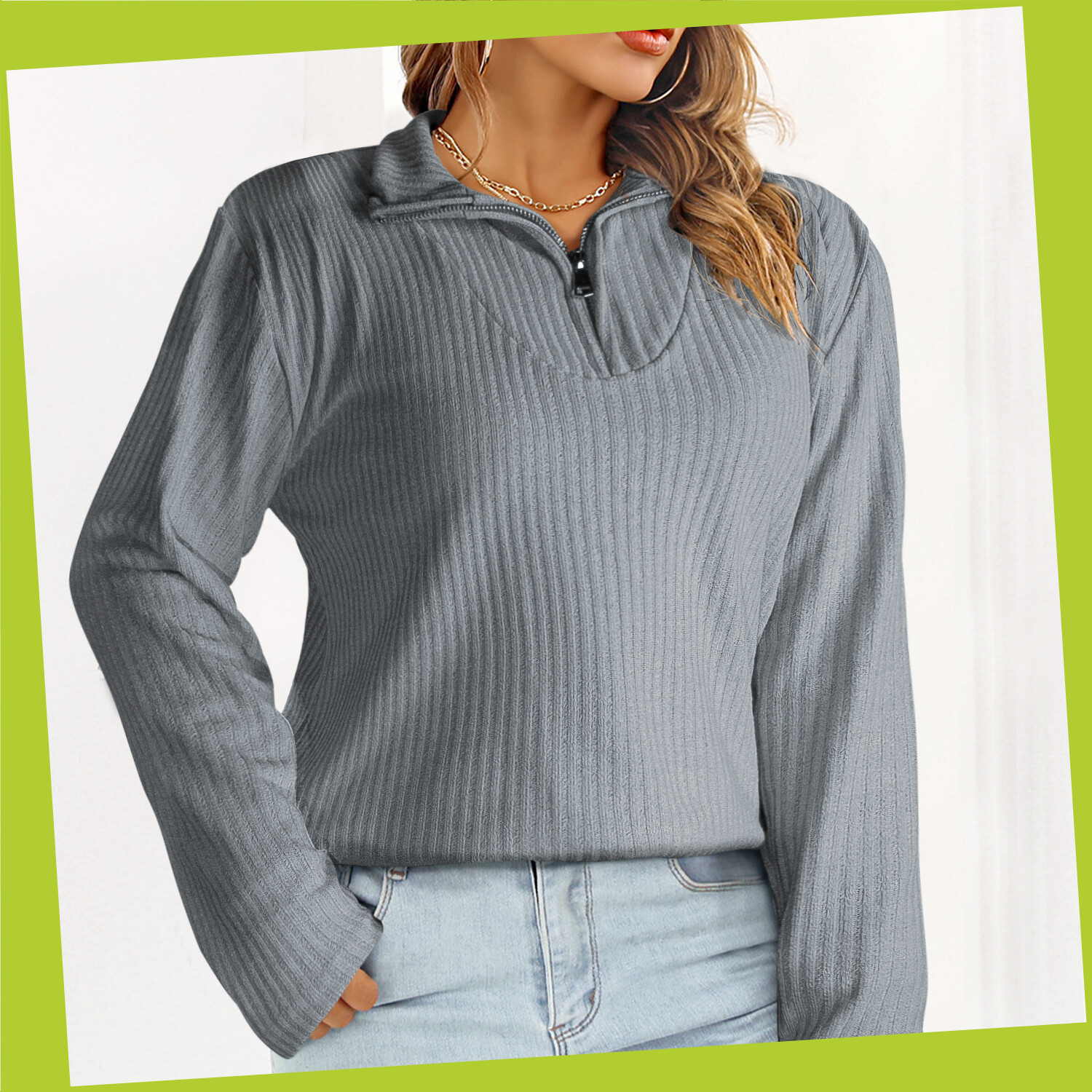 Women’s Casual Long Sleeve Half Zip Pullover Sweaters Solid V Neck Collar Top